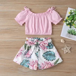 18M-6Y Toddler Girls Outfits Sets Off-Shoulder Top & Flower Print Shorts Wholesale Sunny Girl Clothing