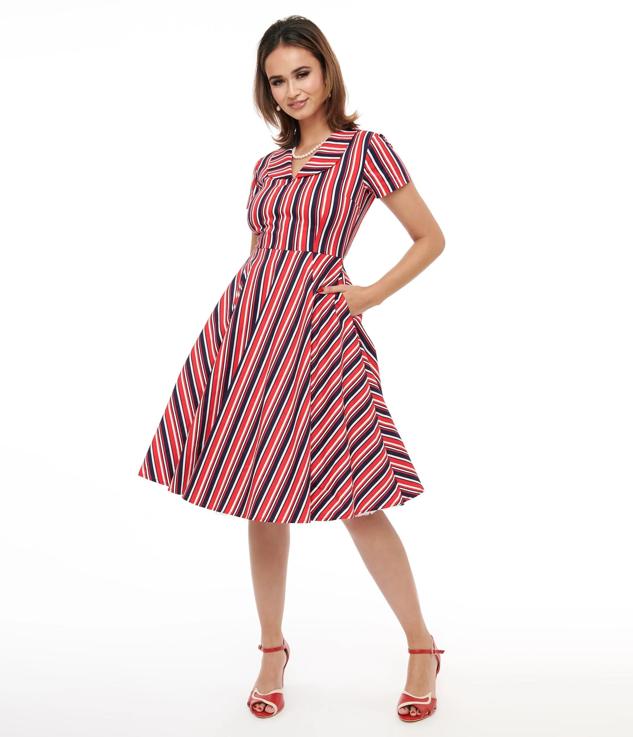 1950s Red & Navy Blue Striped Fit & Flare Dress