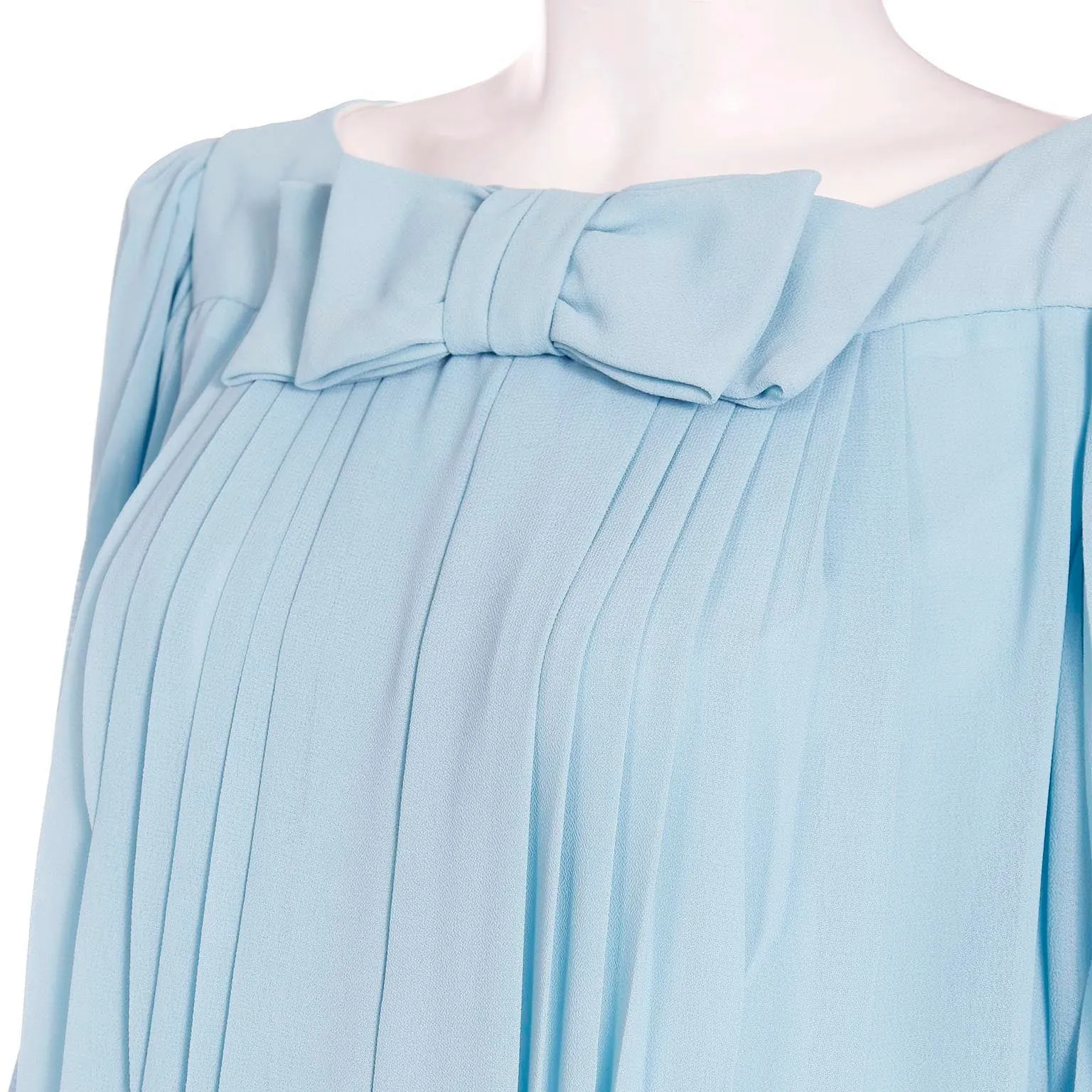 1960s Blue Silk Chiffon Pleated Draped Dress With Banded Hemline