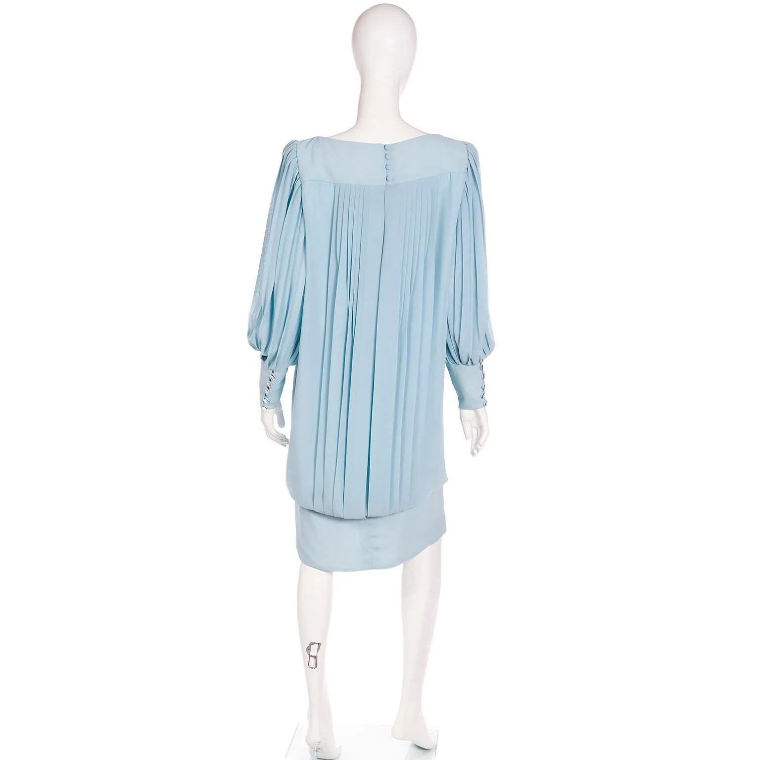 1960s Blue Silk Chiffon Pleated Draped Dress With Banded Hemline