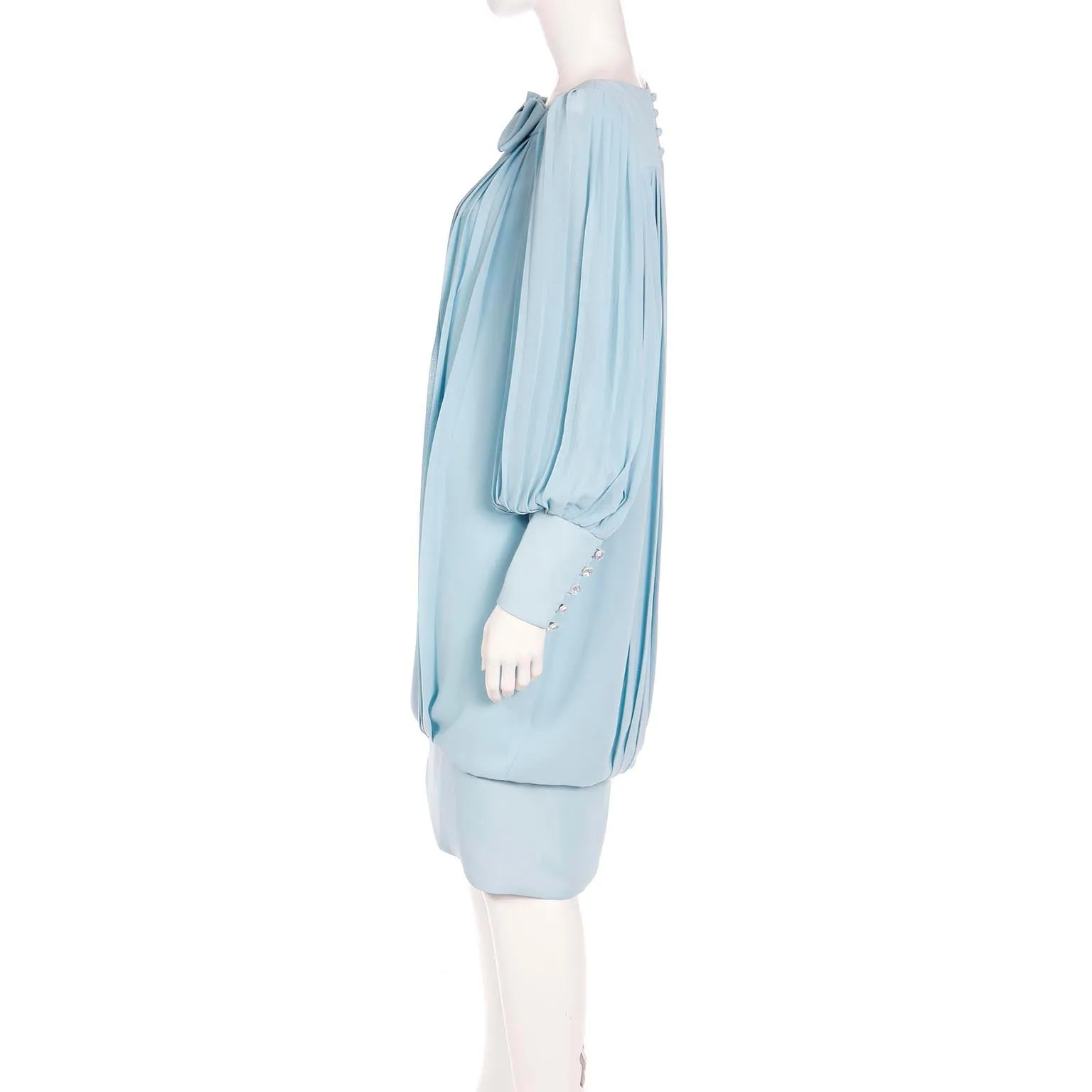 1960s Blue Silk Chiffon Pleated Draped Dress With Banded Hemline