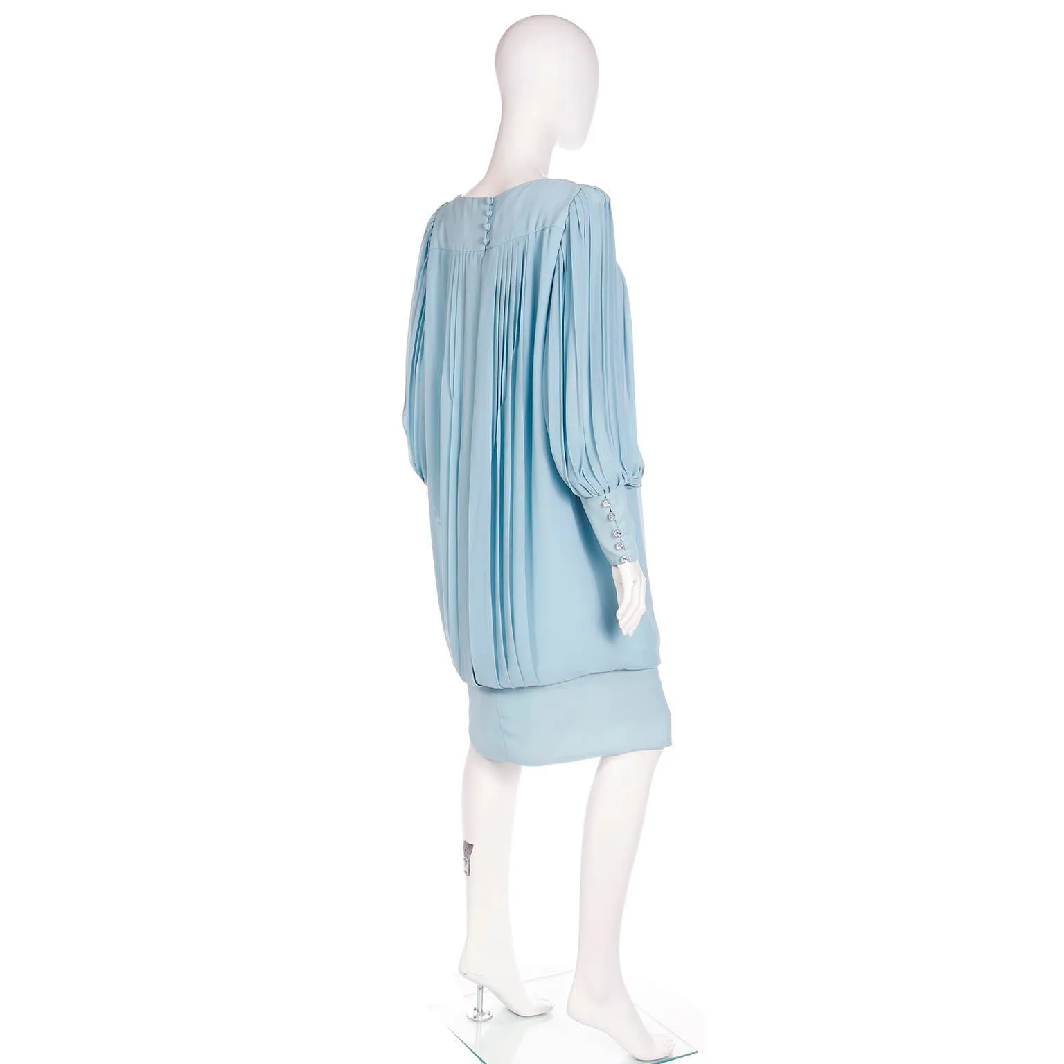 1960s Blue Silk Chiffon Pleated Draped Dress With Banded Hemline