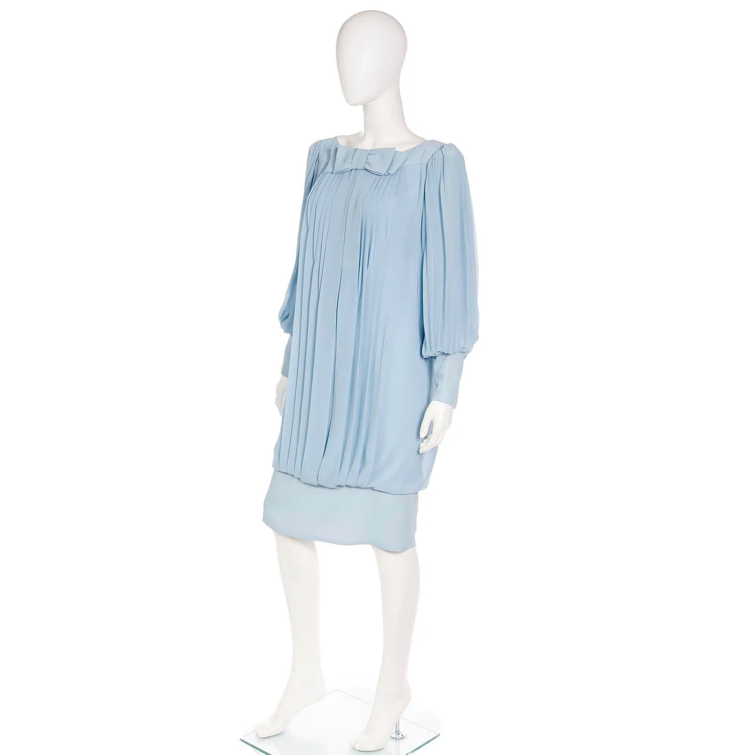 1960s Blue Silk Chiffon Pleated Draped Dress With Banded Hemline