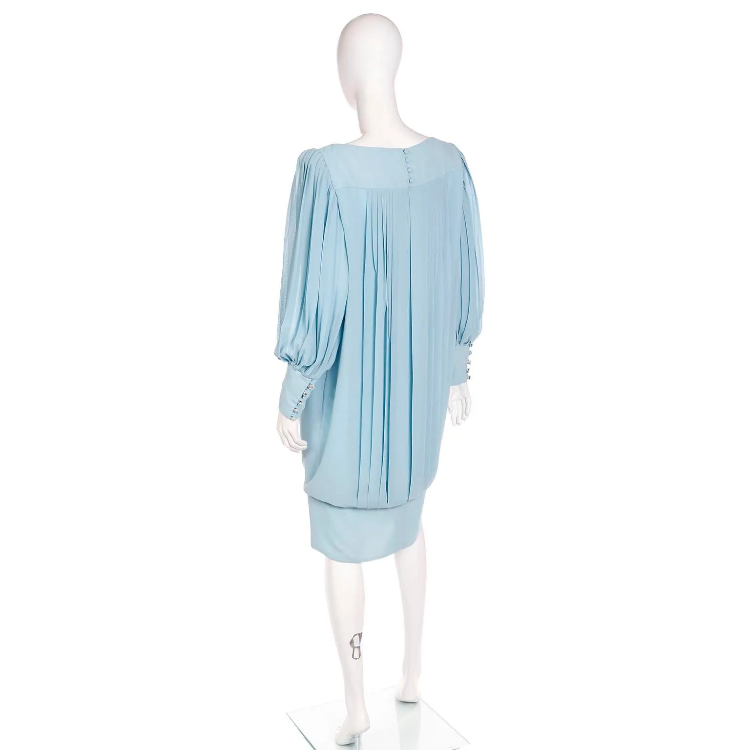 1960s Blue Silk Chiffon Pleated Draped Dress With Banded Hemline