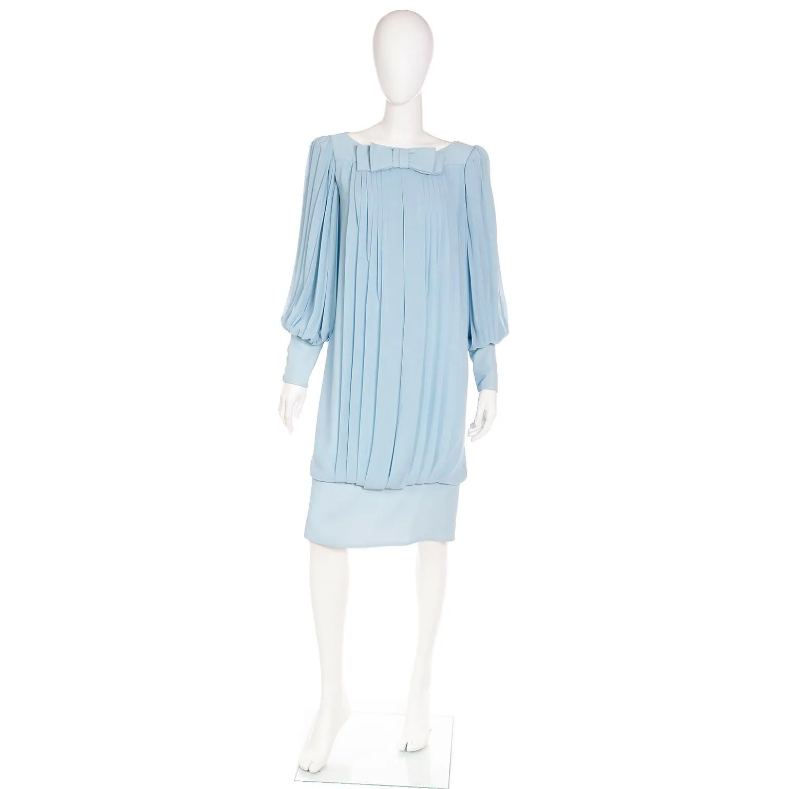 1960s Blue Silk Chiffon Pleated Draped Dress With Banded Hemline