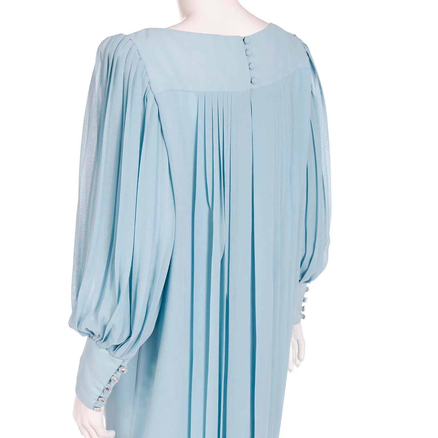 1960s Blue Silk Chiffon Pleated Draped Dress With Banded Hemline