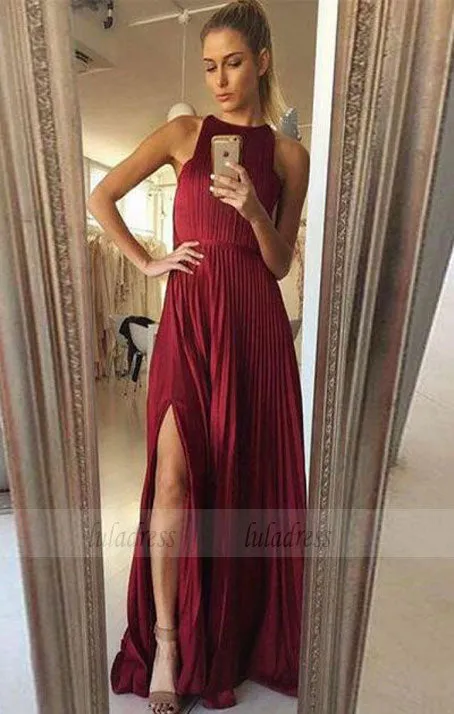 a line burgundy long prom dresses,round neck formal dresses with pleats