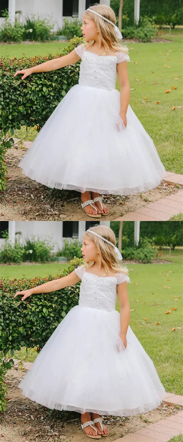 A-line Cap-sleeves Lace Appliques Ankle-length Flower Girl Dresses, FG0141