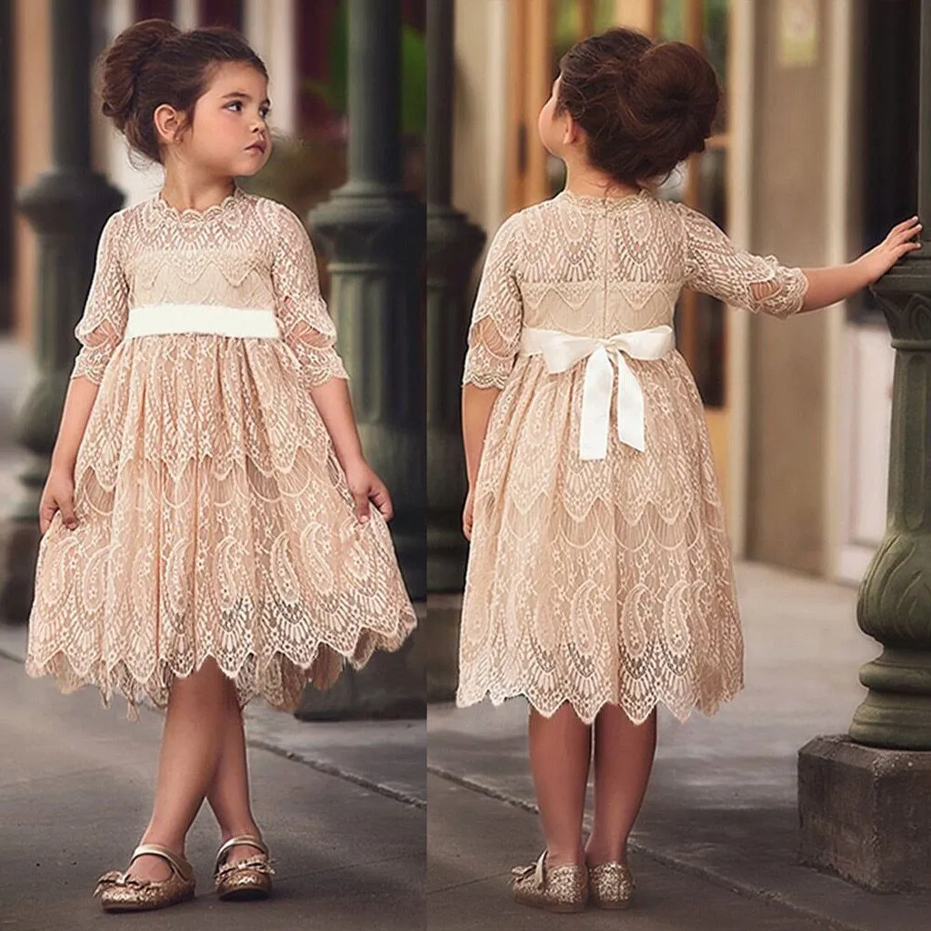 A-line Full Lace Half Sleeves Flower Girl Dresses With Bow, FG0127