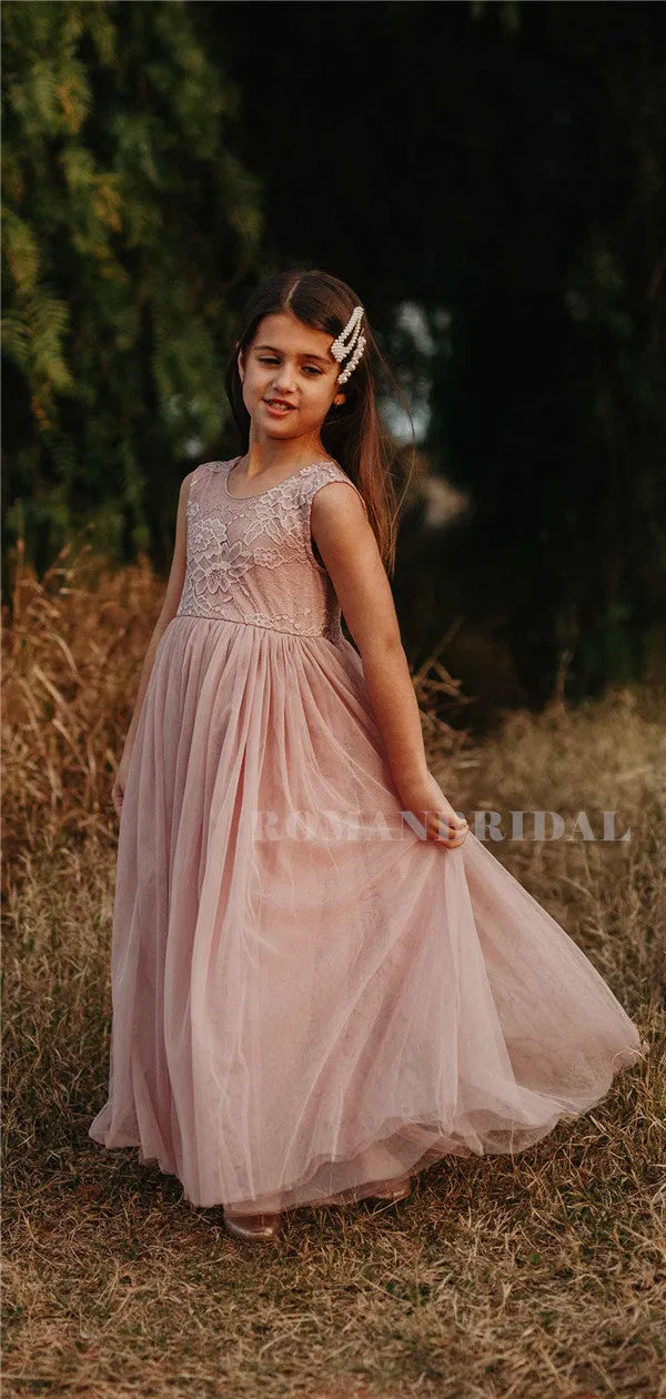 A-line Round Neck Floor-length Lace Flower Girl Dresses, FG0160