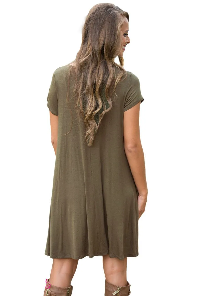 Army Green Short Sleeve Flared Dress