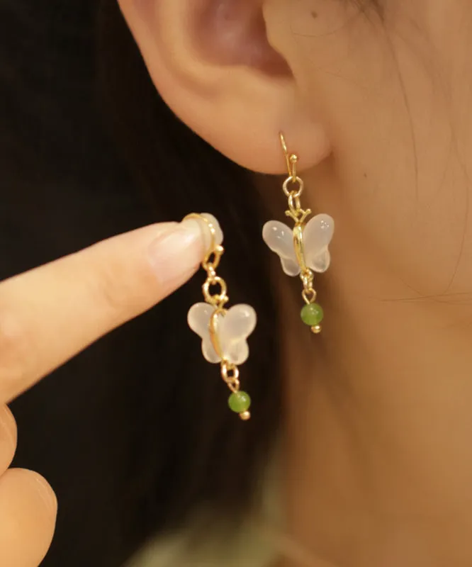 Art Green Copper Overgild Jade Butterfly Drop Earrings QI066