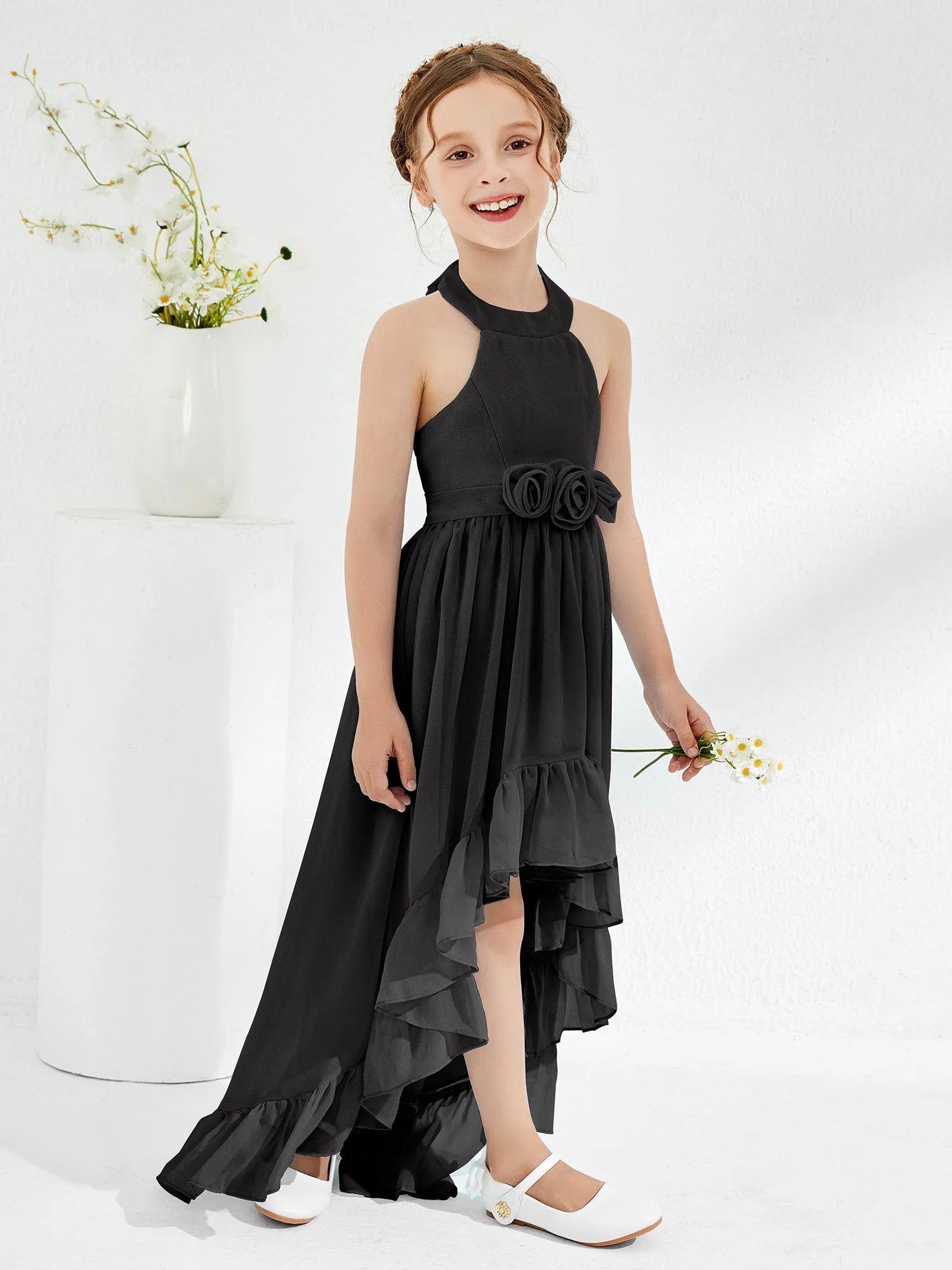 Asymmetrical A-line Junior Bridesmaid Dresses with Flower Black