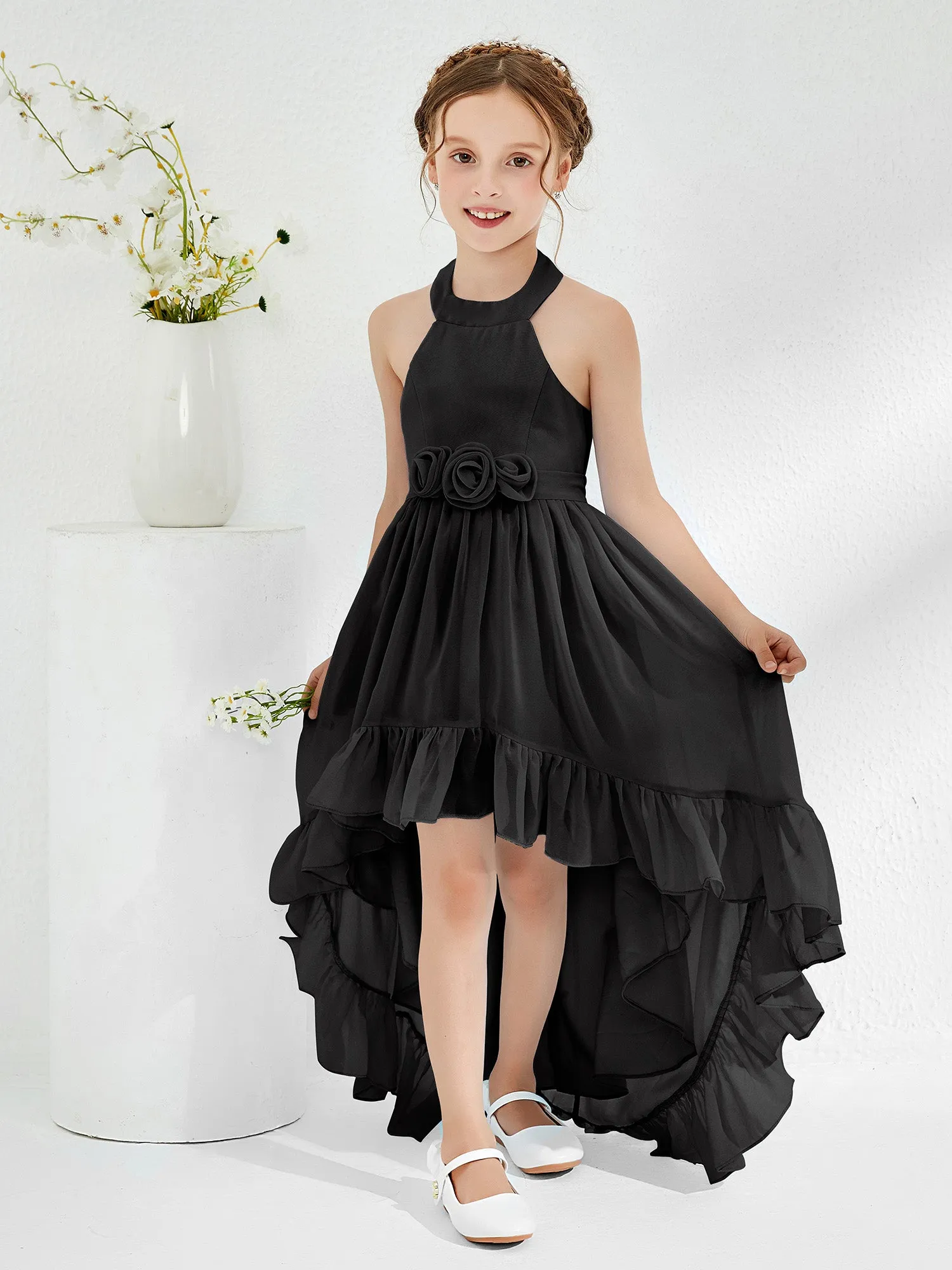 Asymmetrical A-line Junior Bridesmaid Dresses with Flower Black