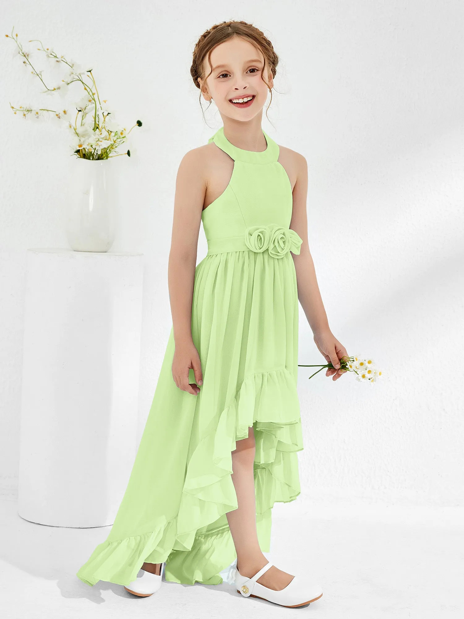 Asymmetrical A-line Junior Bridesmaid Dresses with Flower Sage