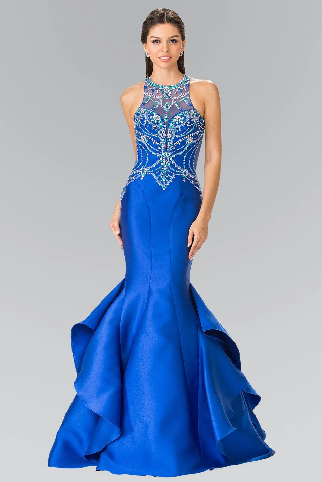 Beaded Halter Mermaid Dress with Ruffles by Elizabeth K GL2357