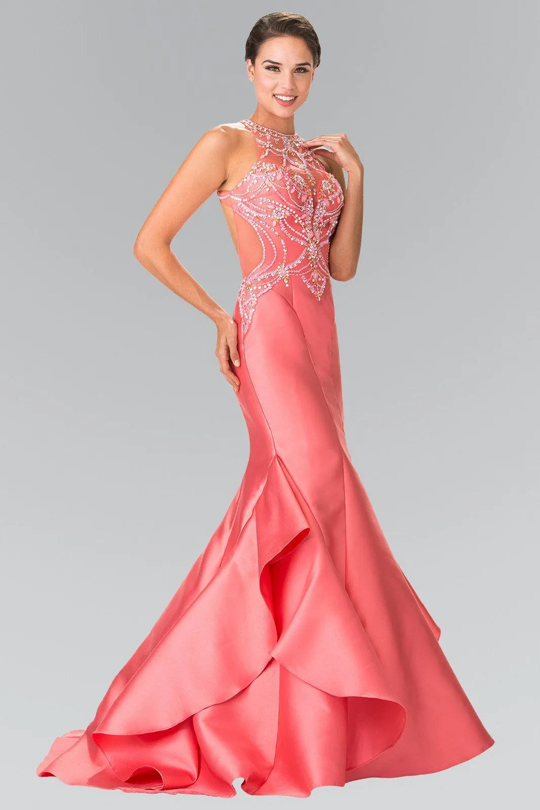 Beaded Halter Mermaid Dress with Ruffles by Elizabeth K GL2357