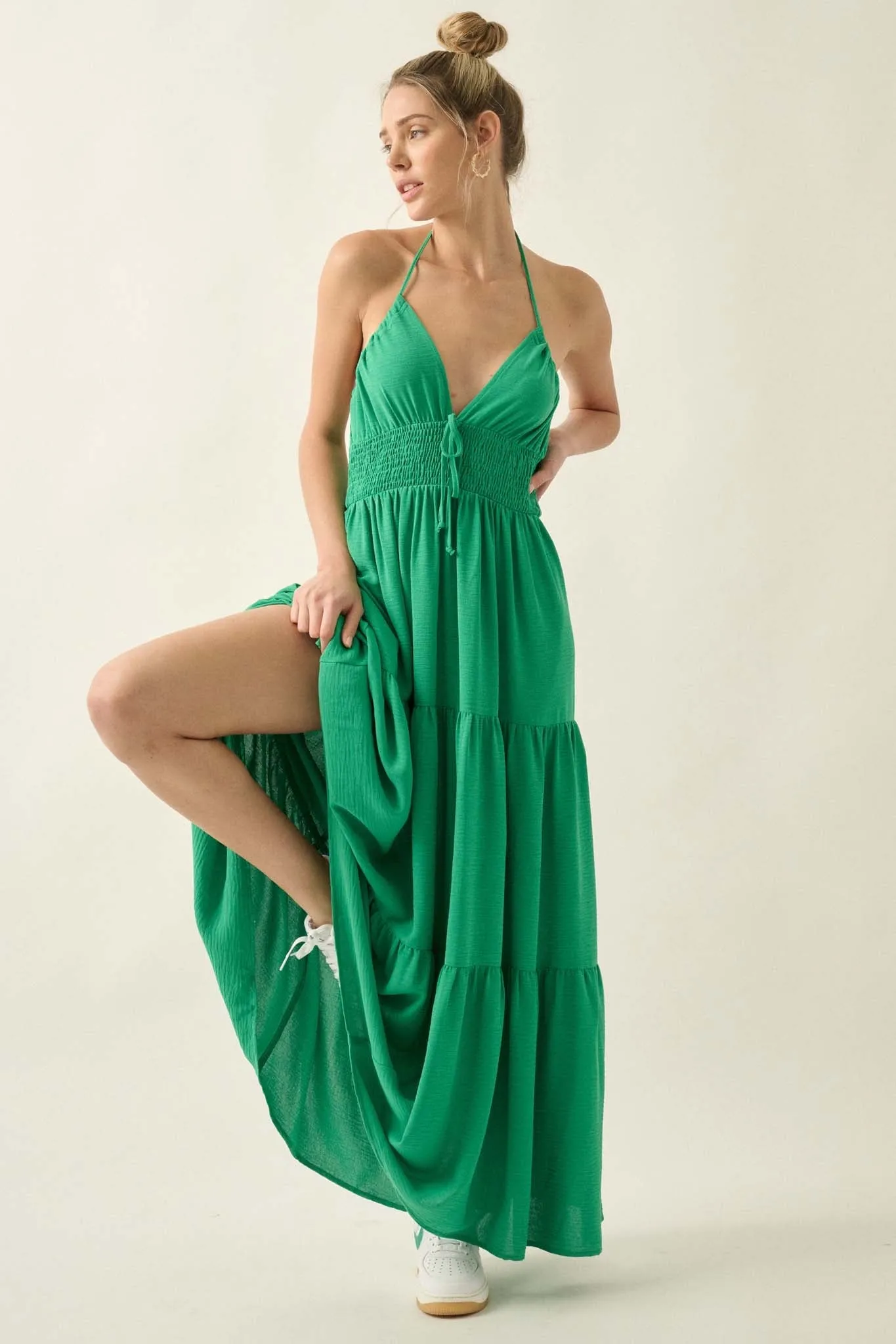 Beautiful You Tiered Crepe Halter Maxi Dress