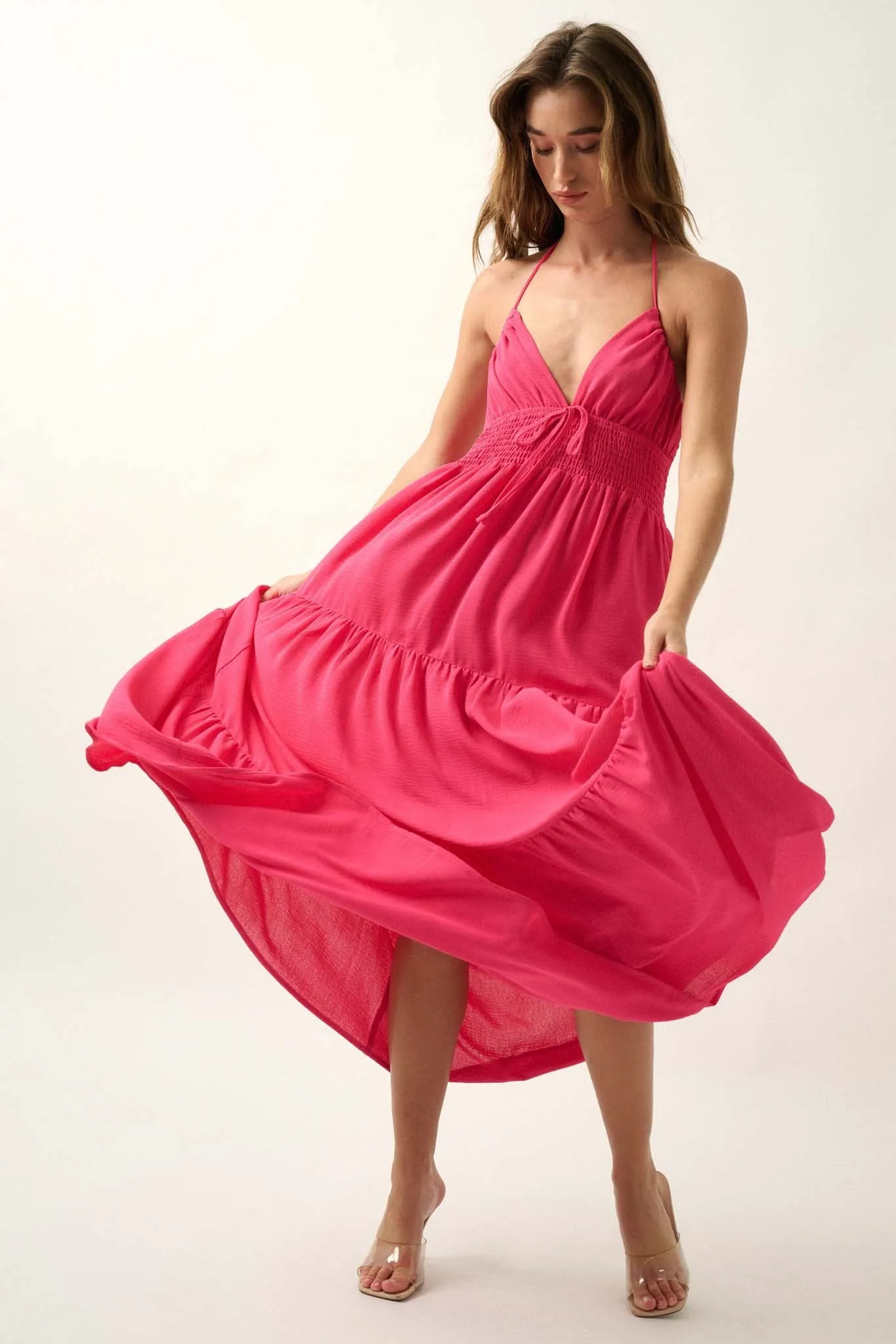 Beautiful You Tiered Crepe Halter Maxi Dress