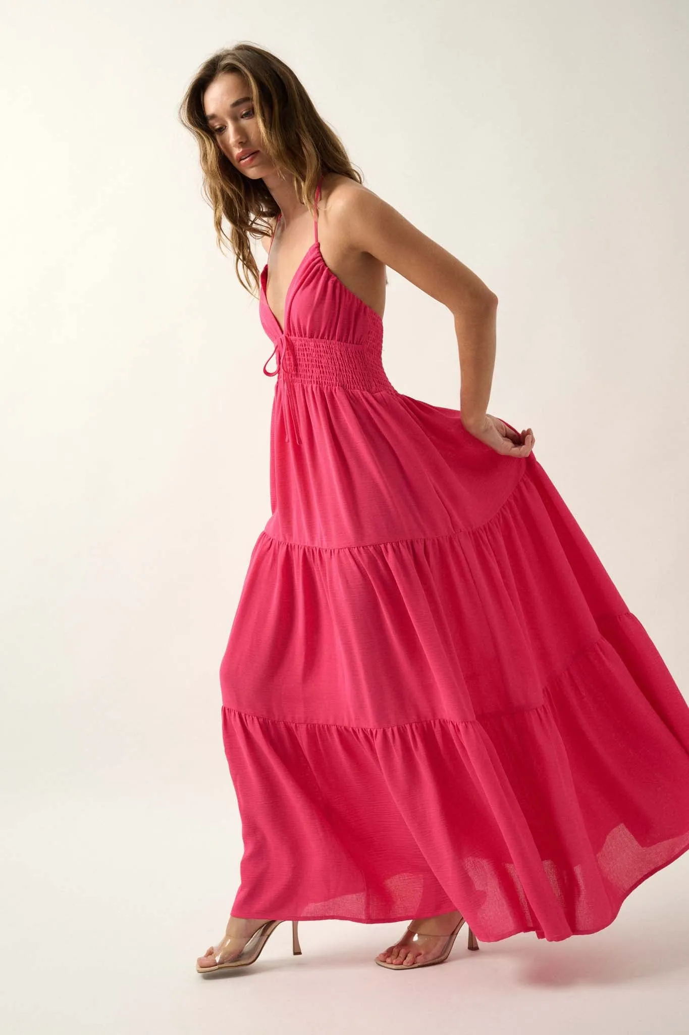 Beautiful You Tiered Crepe Halter Maxi Dress