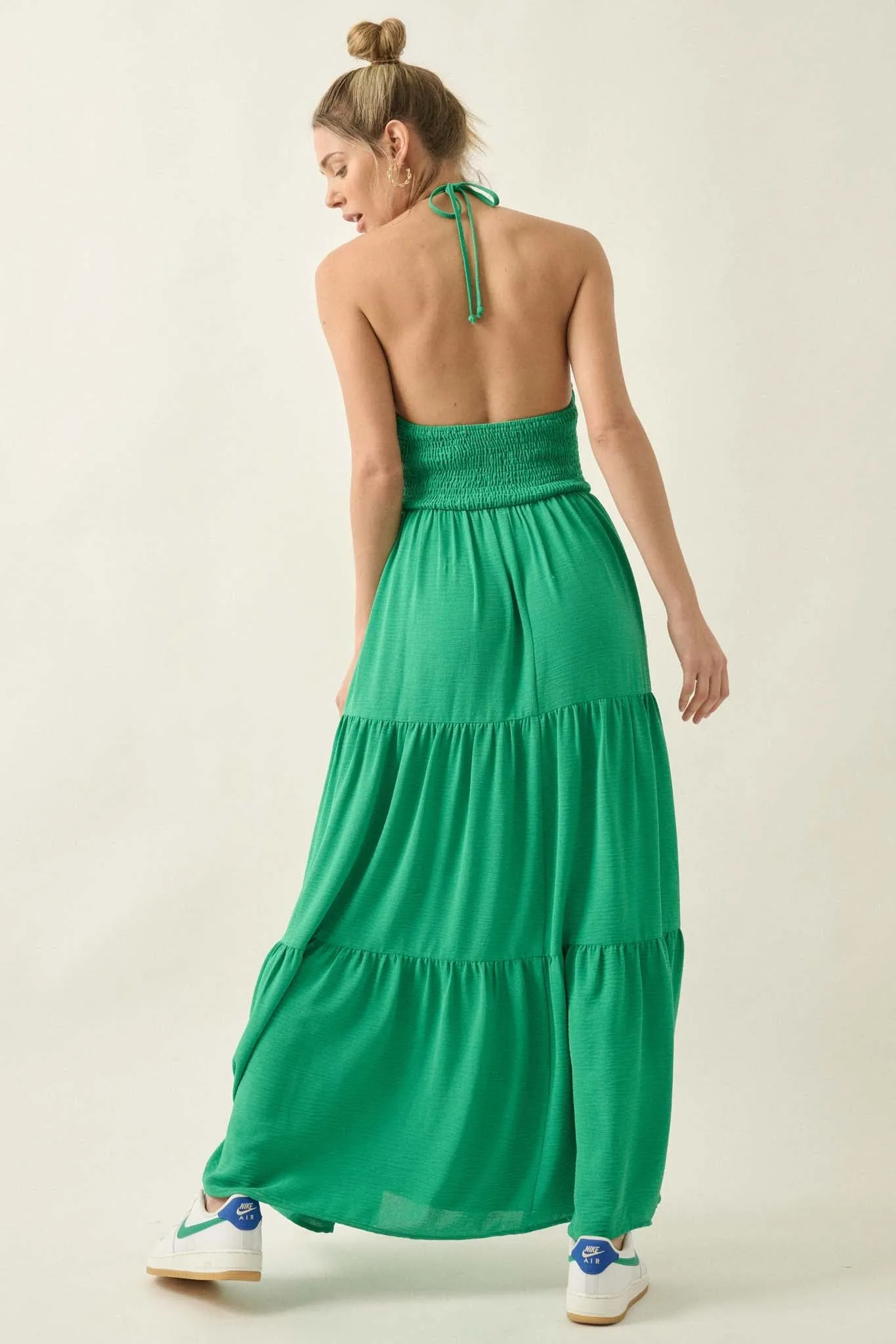 Beautiful You Tiered Crepe Halter Maxi Dress