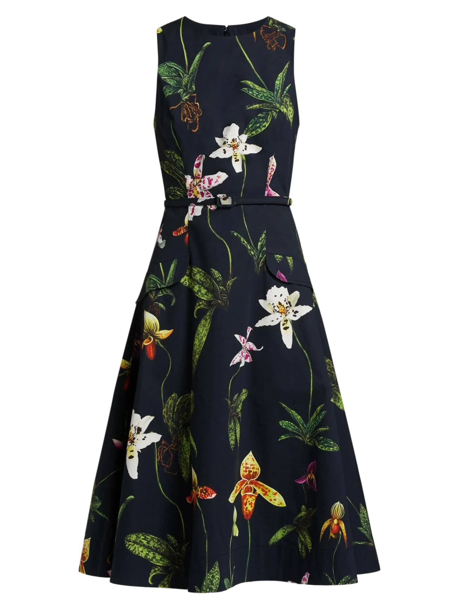 Belted Orchid Print Fit & Flare Midi Dress