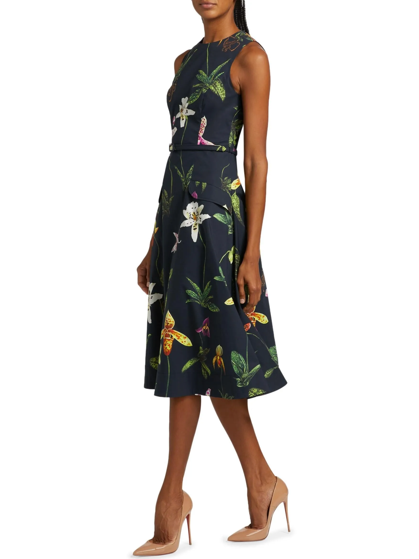 Belted Orchid Print Fit & Flare Midi Dress