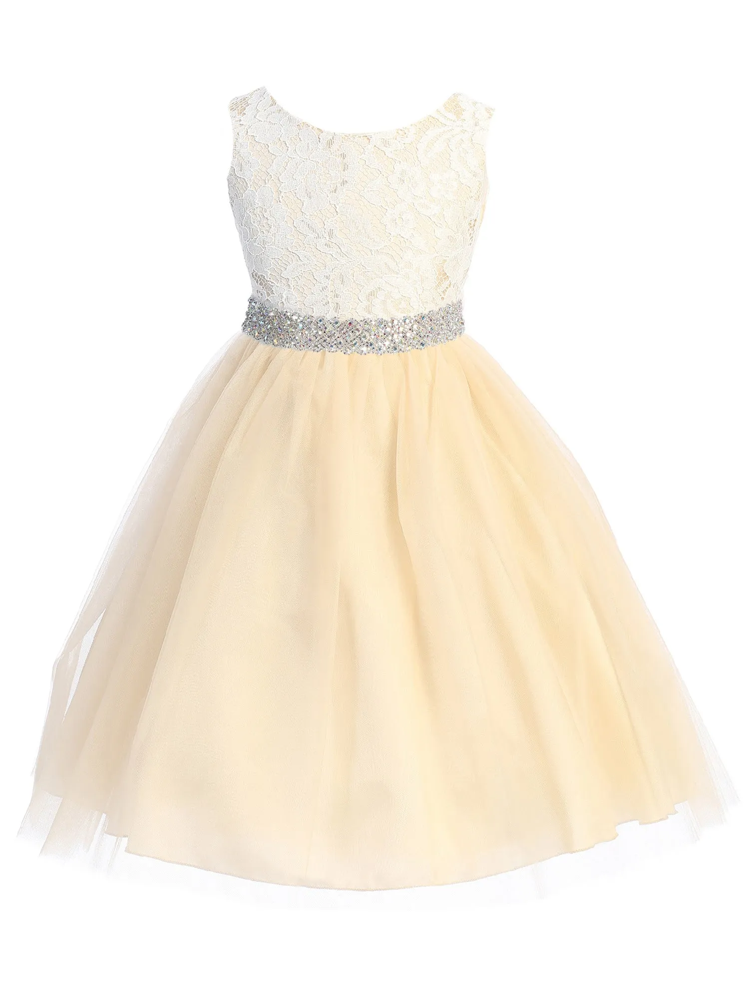 Big Girls Champagne Lace Thick Crystal Belt Junior Bridesmaid Dress 8-12