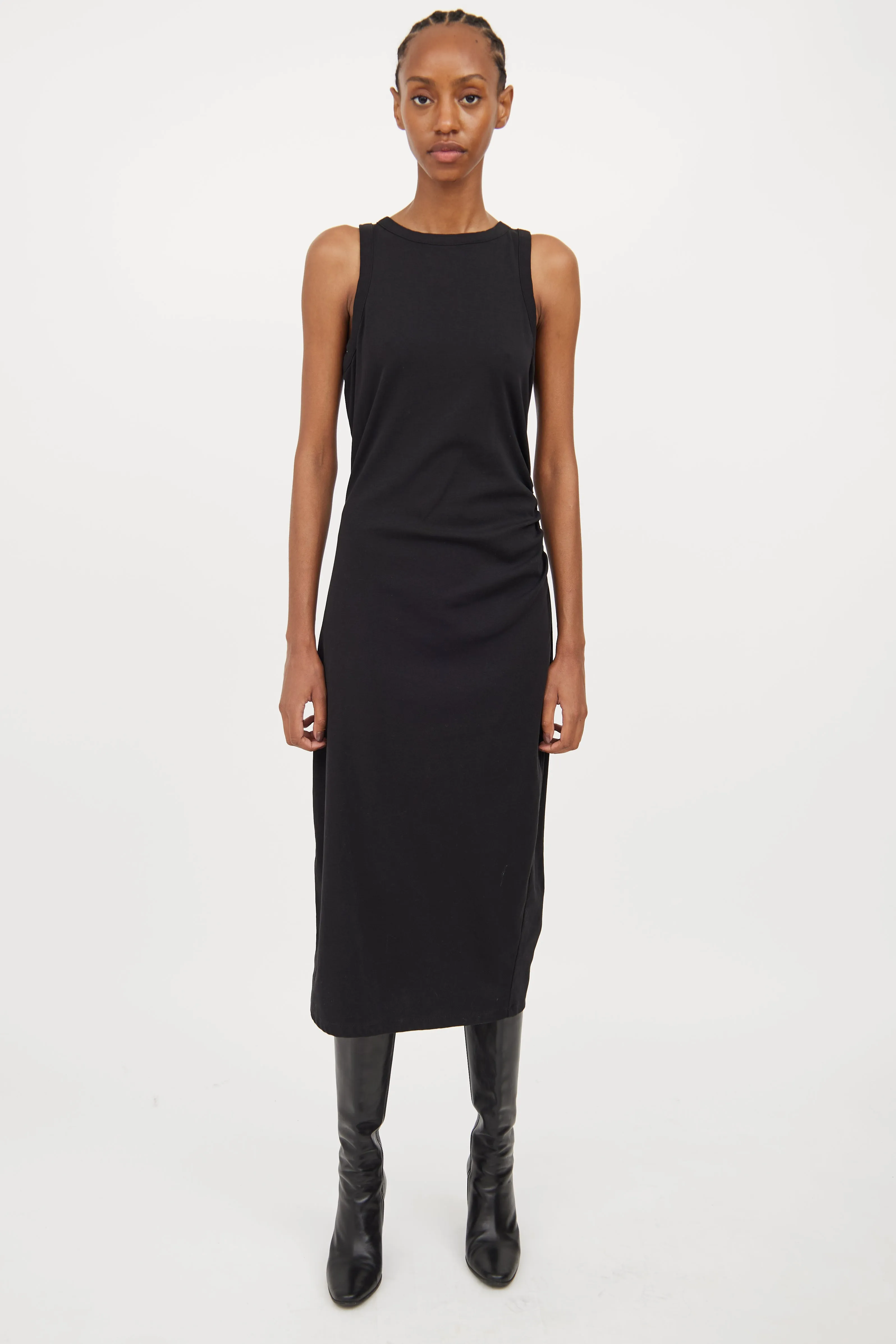 Black Cotton Ruched Dress