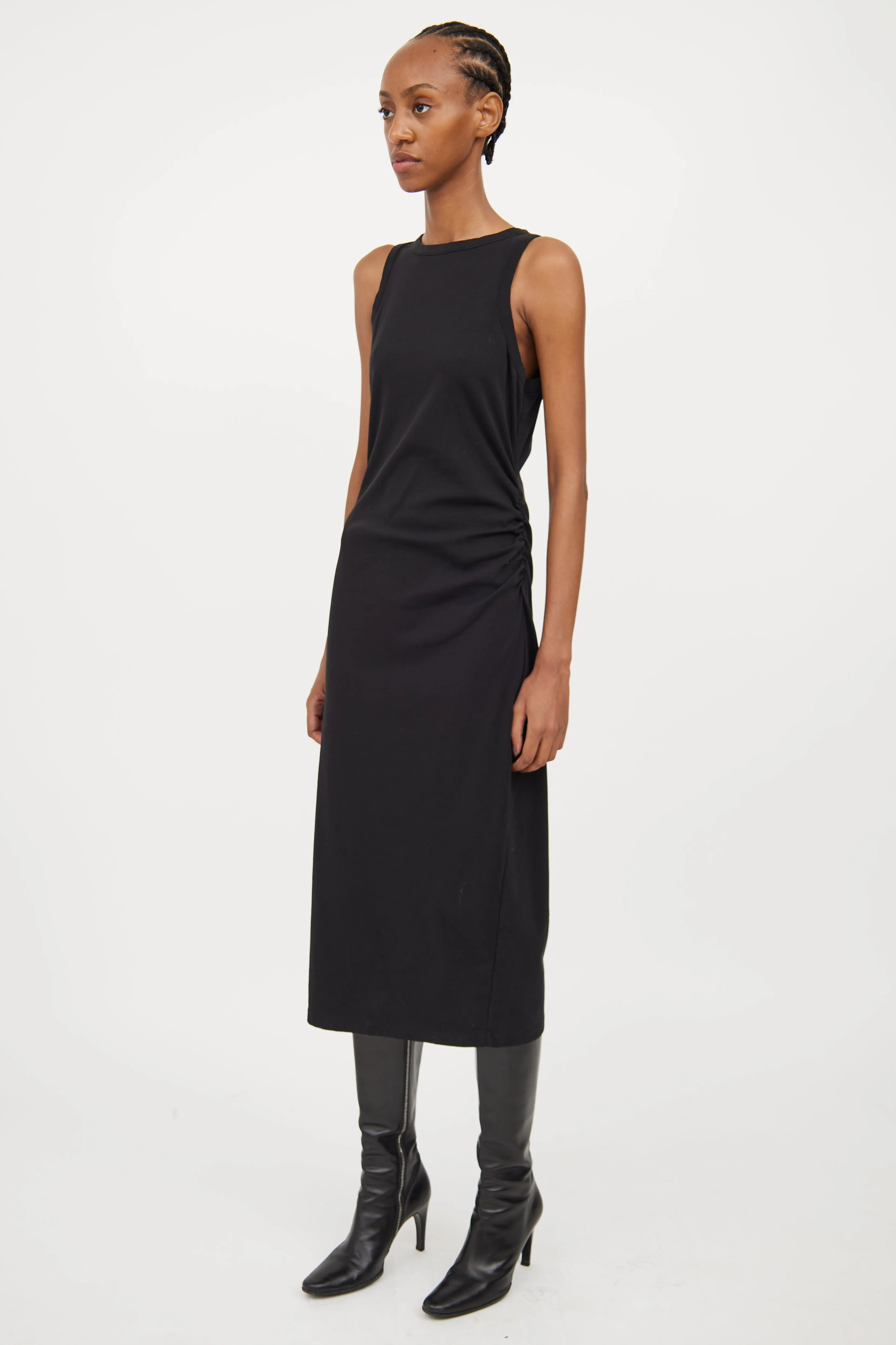 Black Cotton Ruched Dress