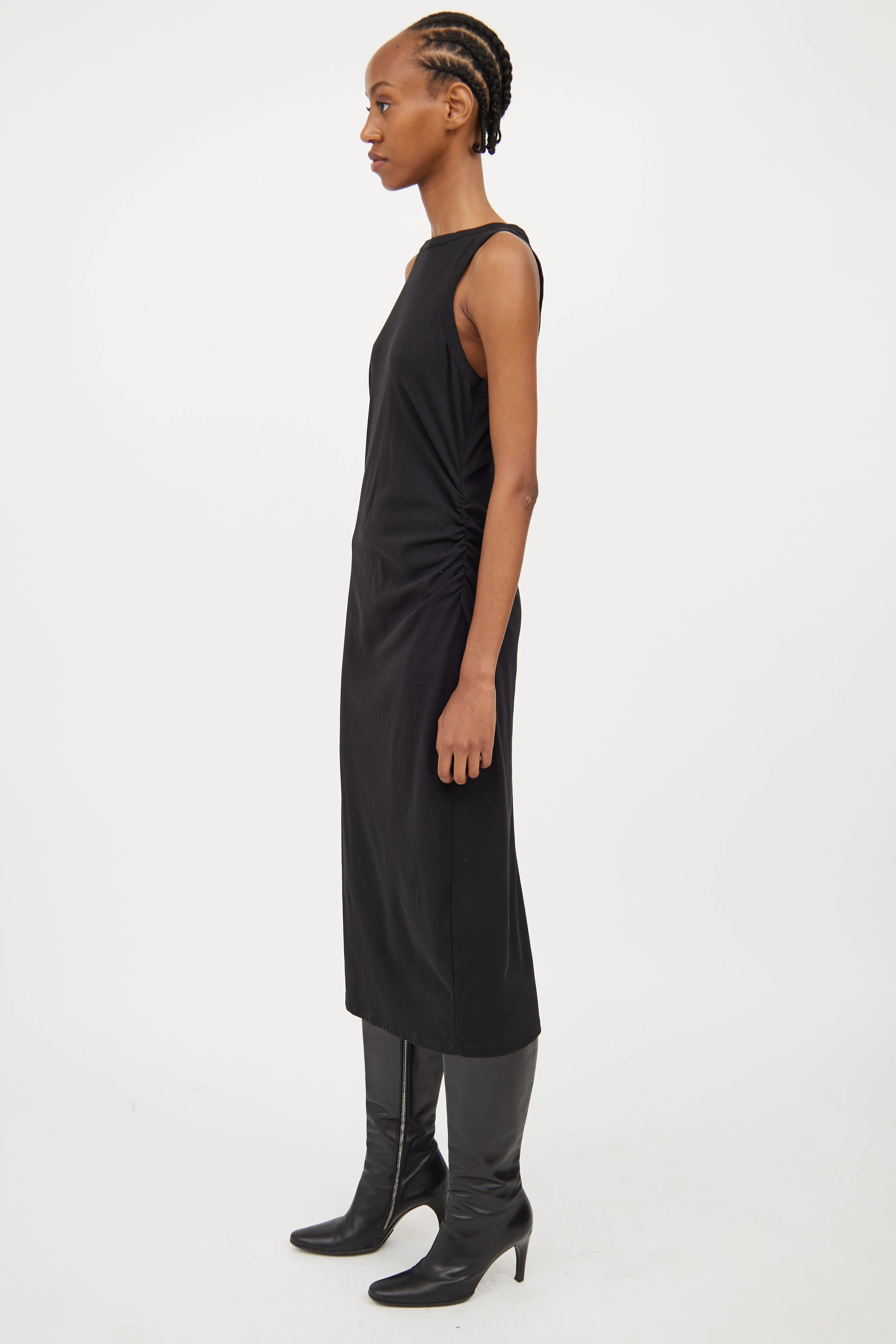 Black Cotton Ruched Dress