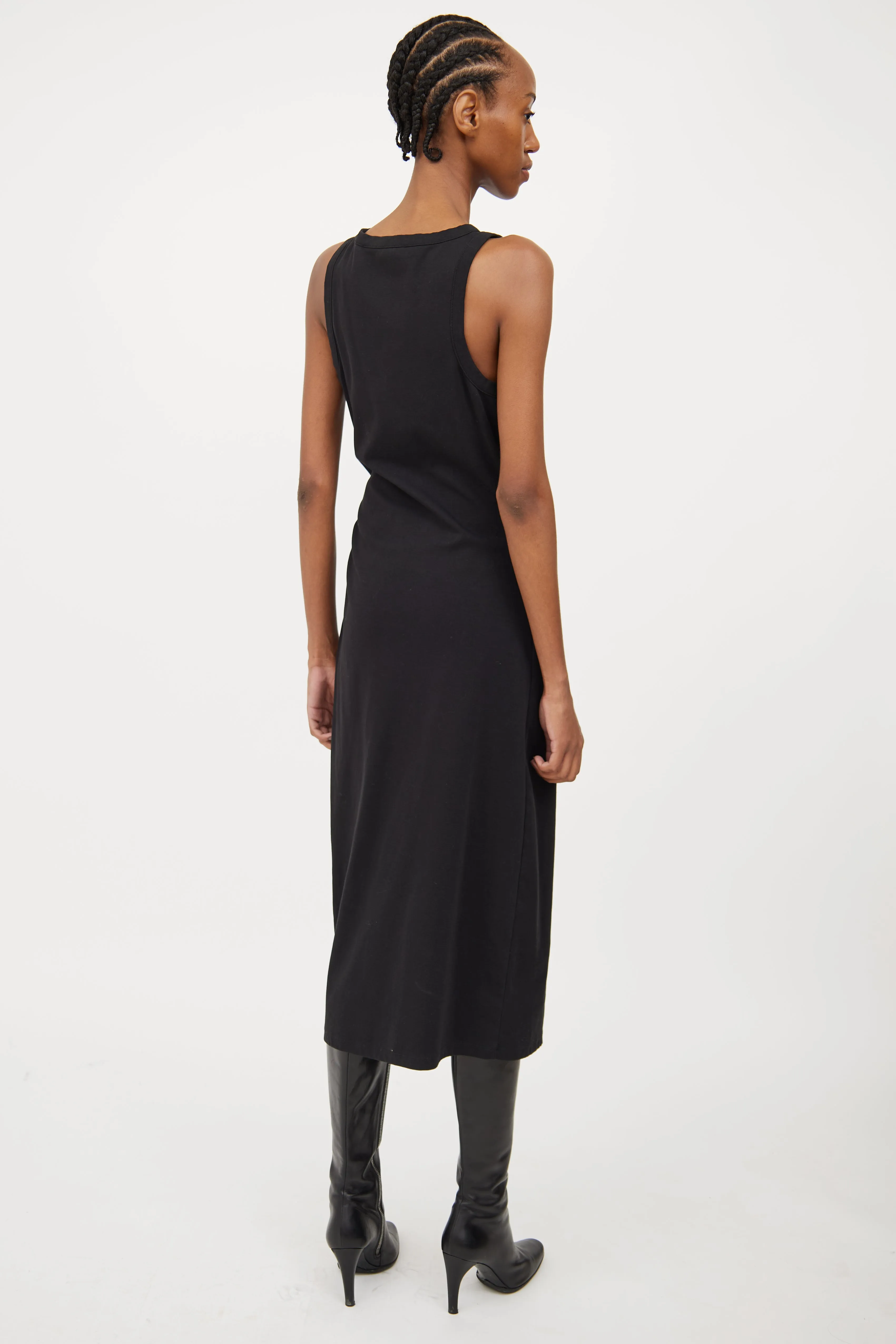 Black Cotton Ruched Dress