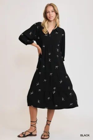 Black Linen Blend Tiered Ribbon Embroidered Dress