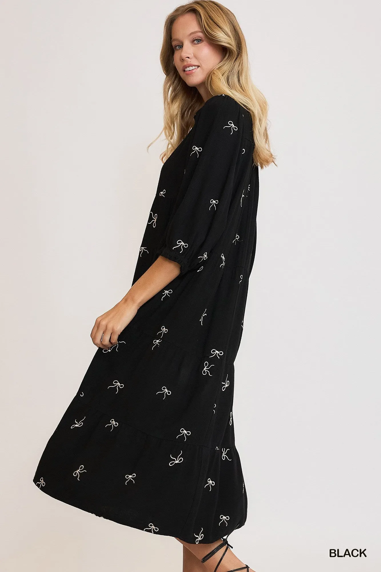 Black Linen Blend Tiered Ribbon Embroidered Dress