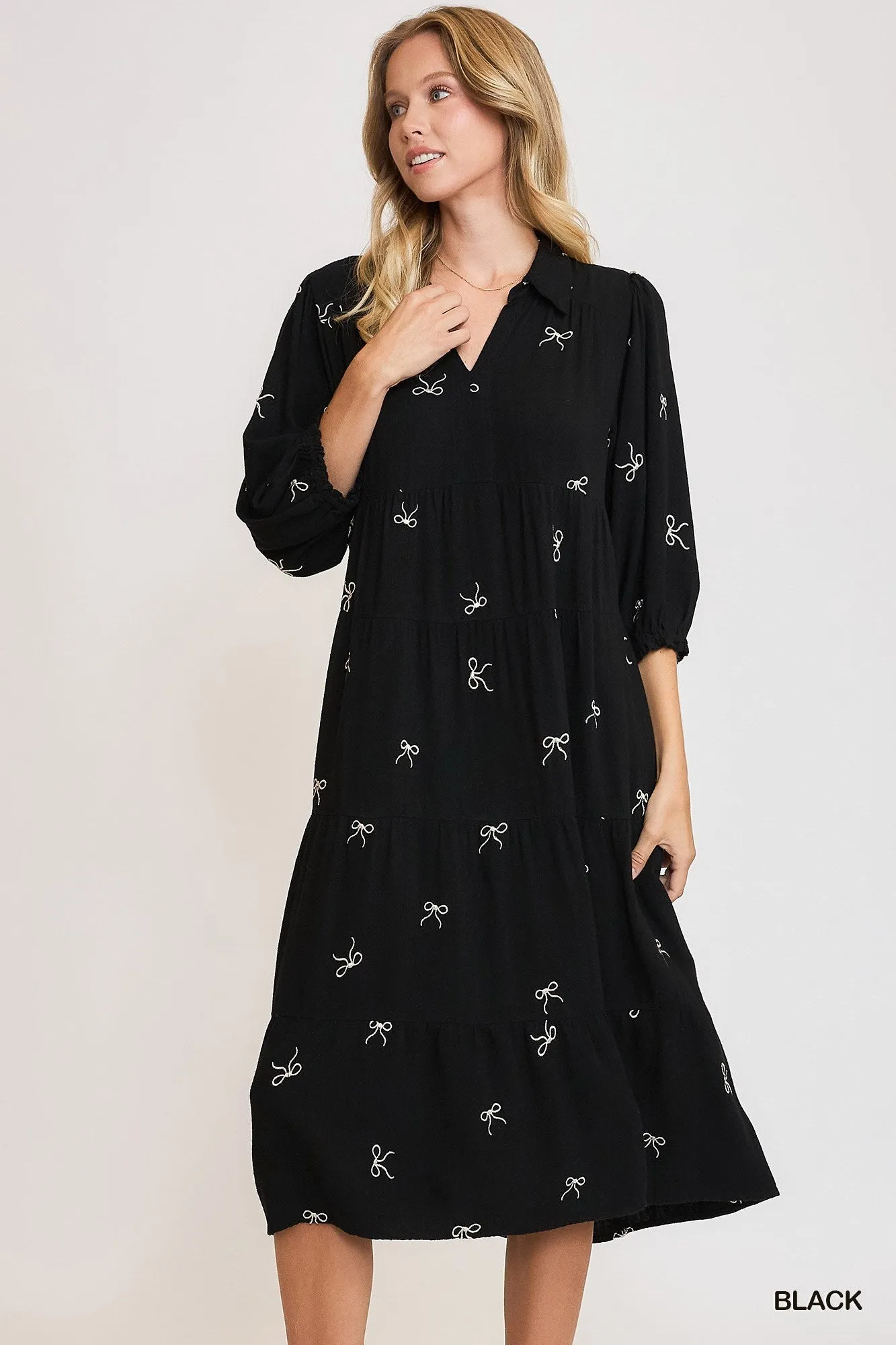 Black Linen Blend Tiered Ribbon Embroidered Dress