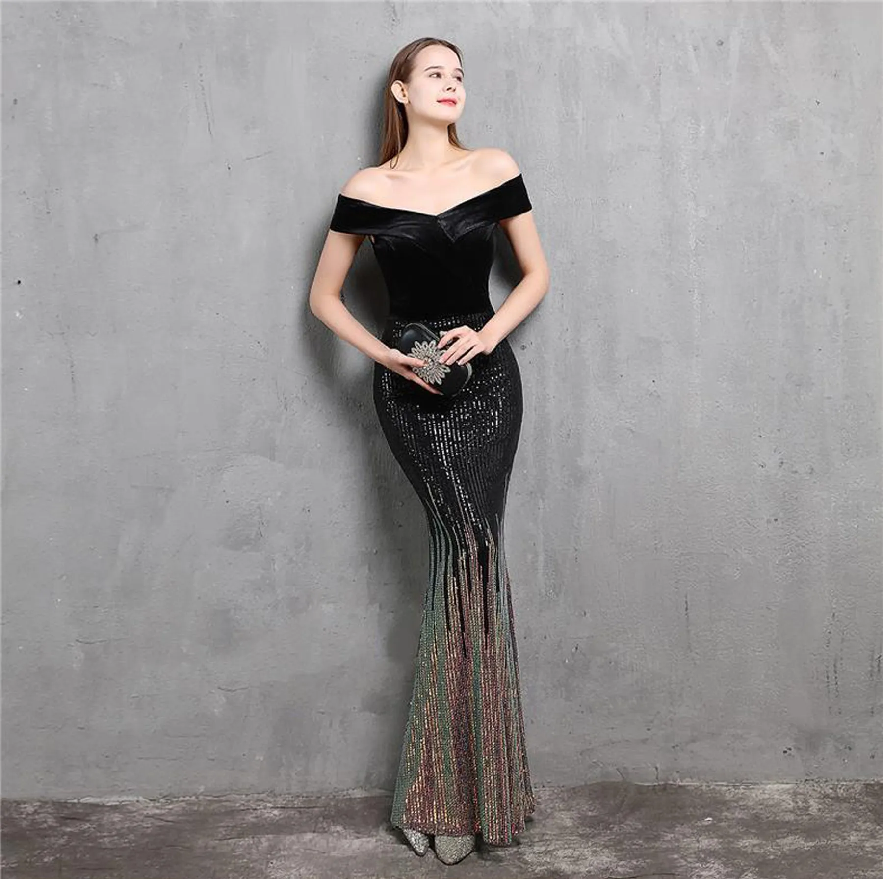 Boat Neck Velvet Contrast Mermaid Maxi Dress