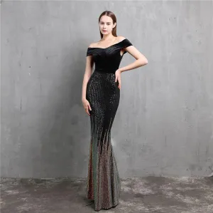 Boat Neck Velvet Contrast Mermaid Maxi Dress