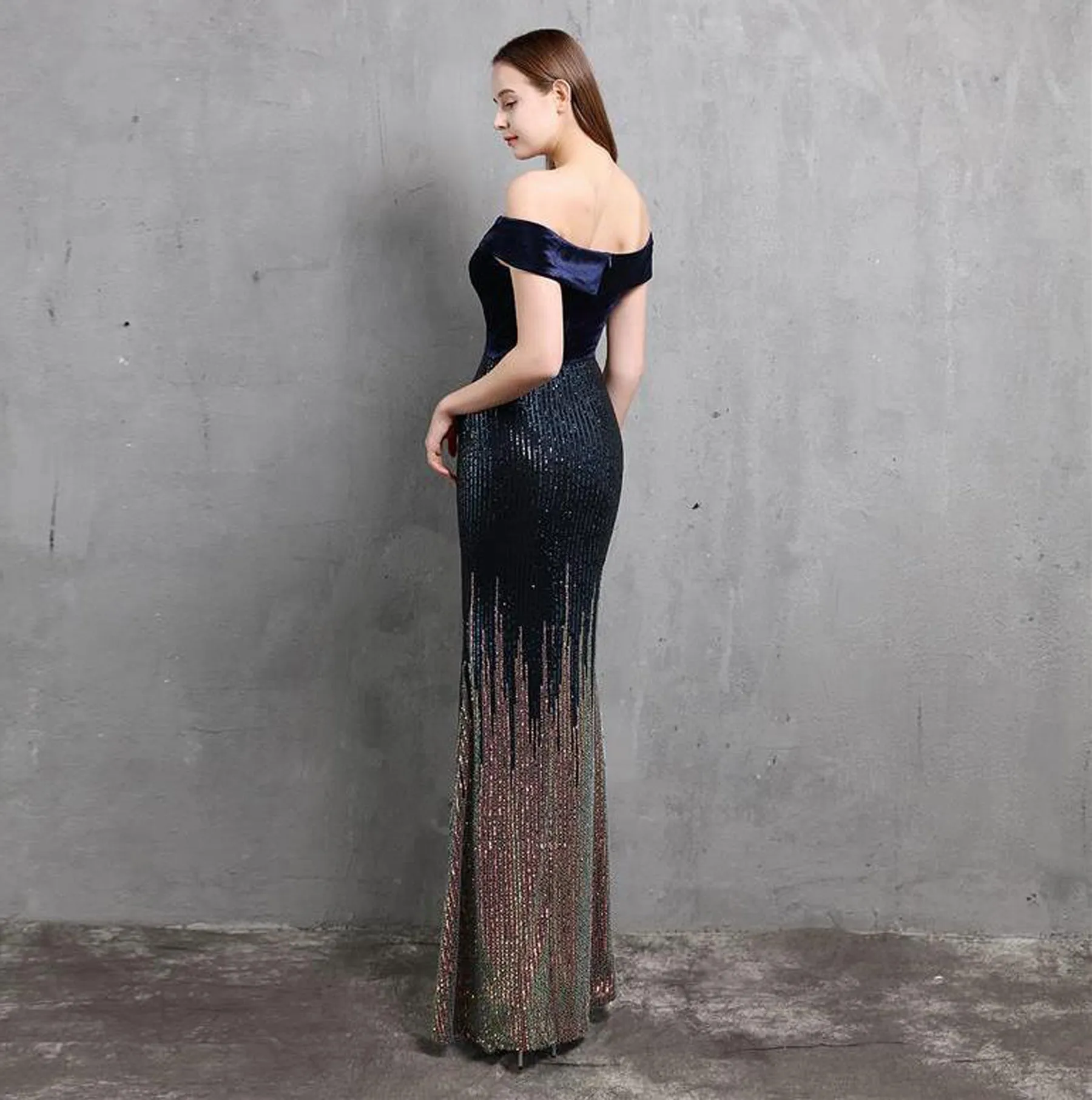 Boat Neck Velvet Contrast Mermaid Maxi Dress