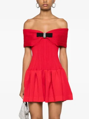 Bow-Detail Red Knit Off-Shoulder Mini Dress