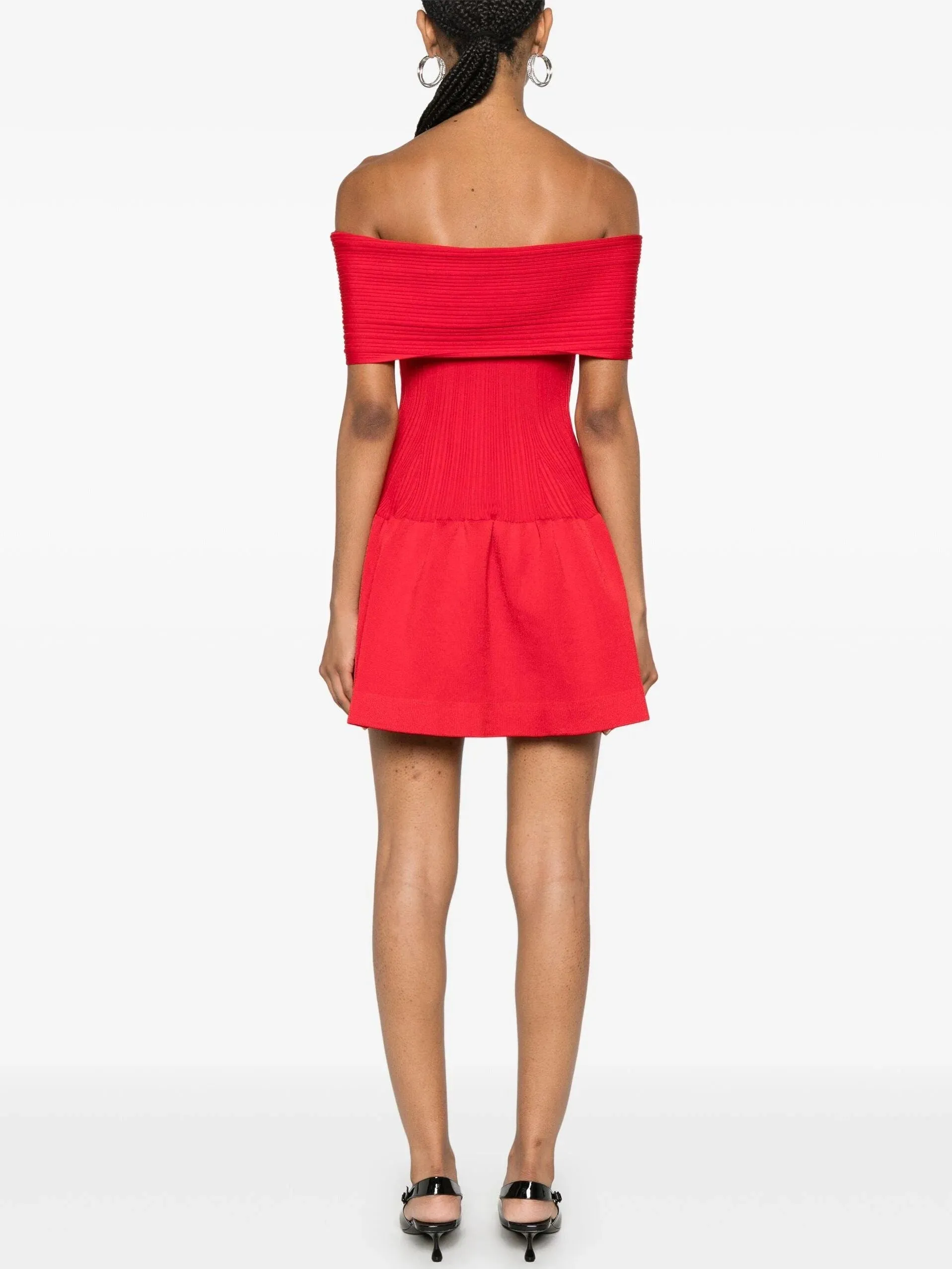 Bow-Detail Red Knit Off-Shoulder Mini Dress