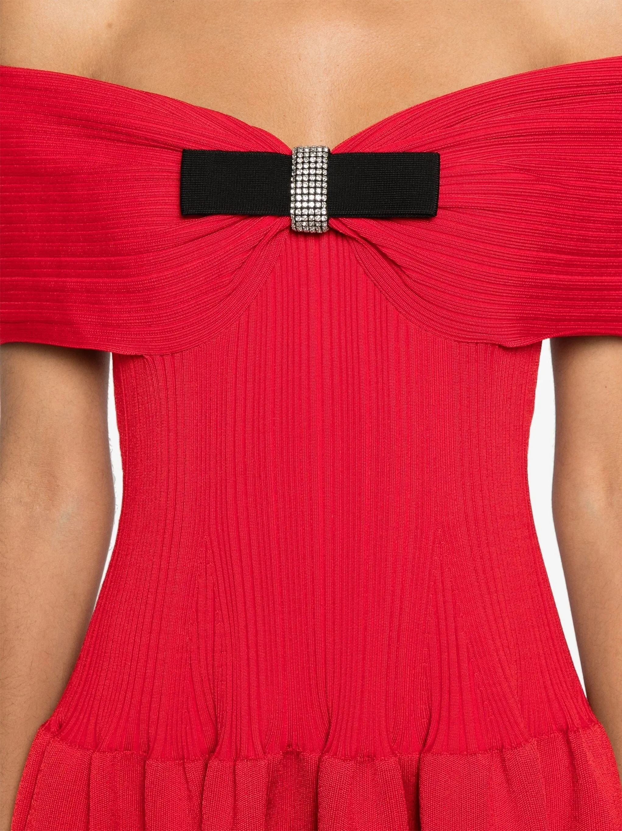 Bow-Detail Red Knit Off-Shoulder Mini Dress