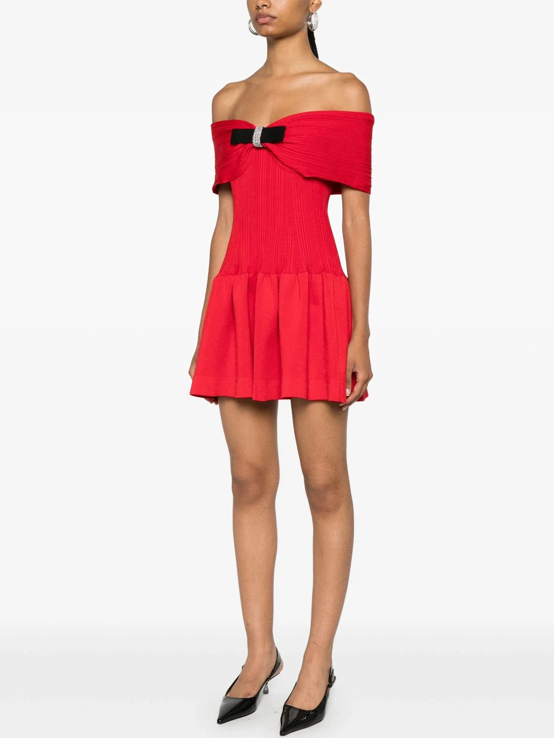 Bow-Detail Red Knit Off-Shoulder Mini Dress