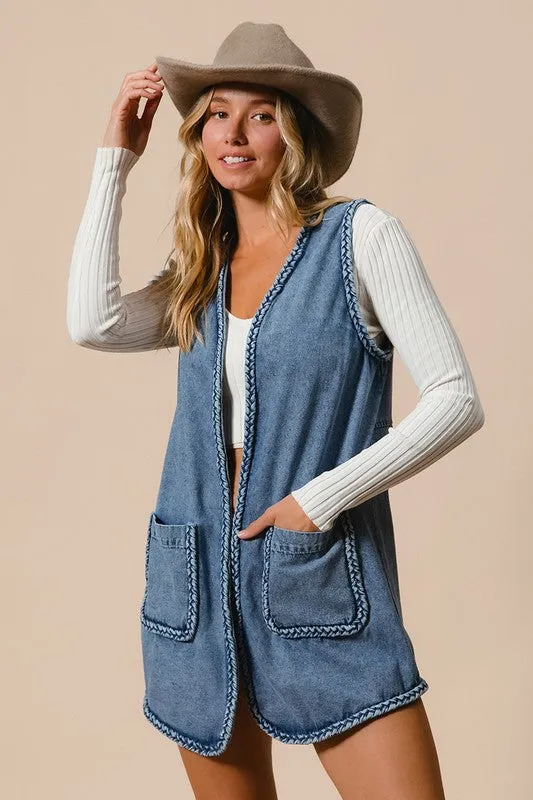 Braided Trim Open Front Denim Vest with Pockets