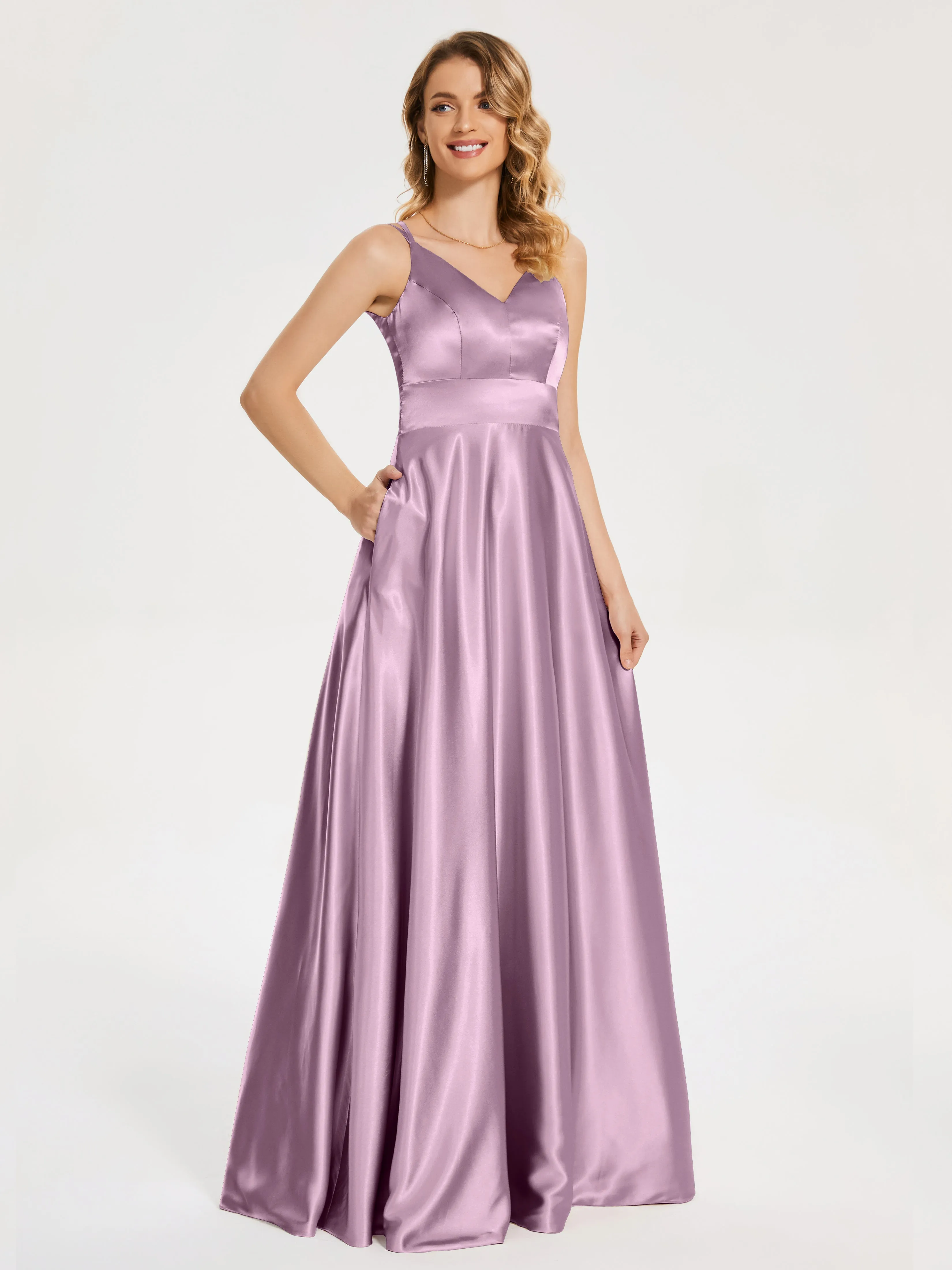 Briella Charming V Neck Soft Satin Dresses