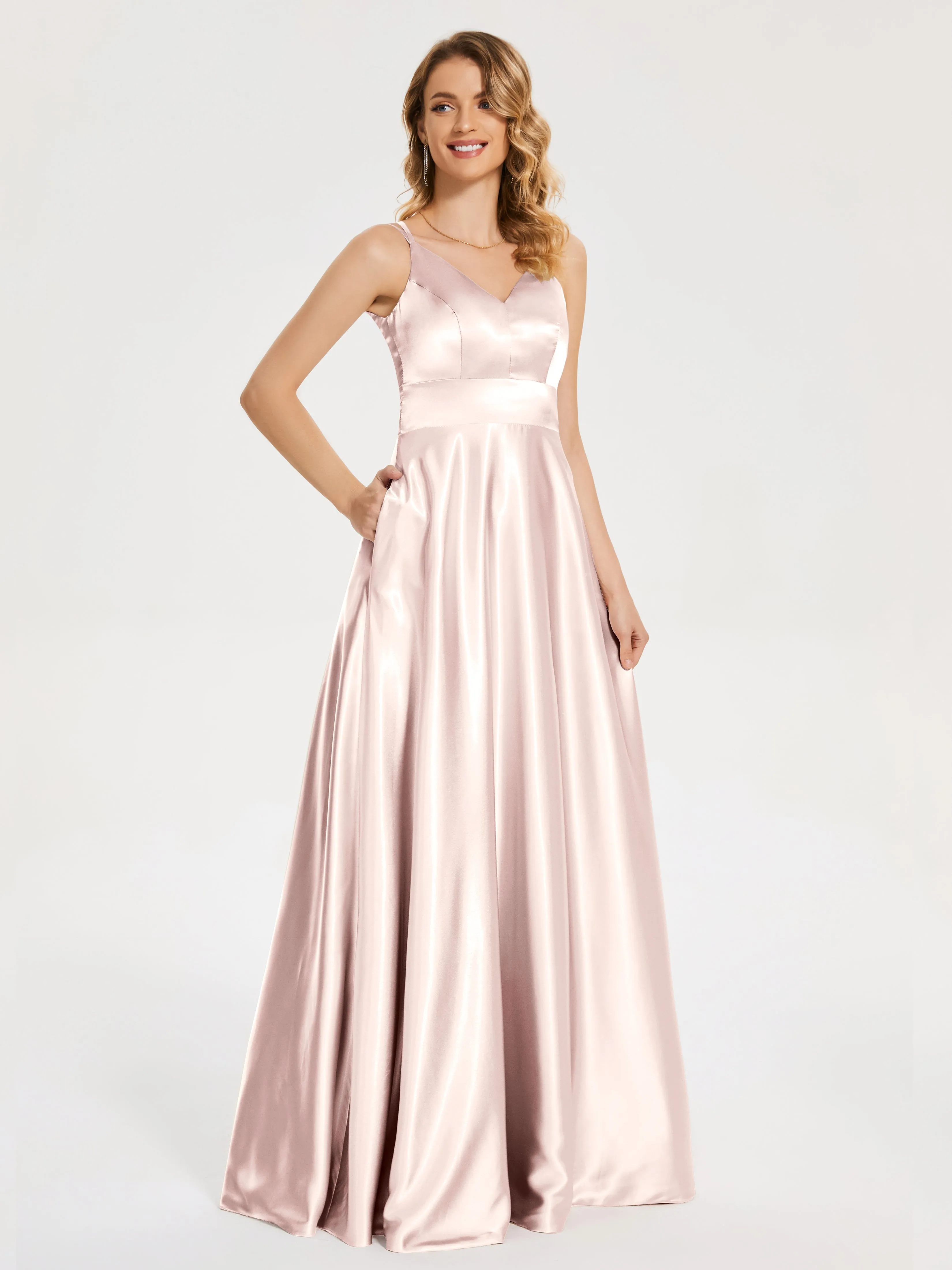 Briella Charming V Neck Soft Satin Dresses