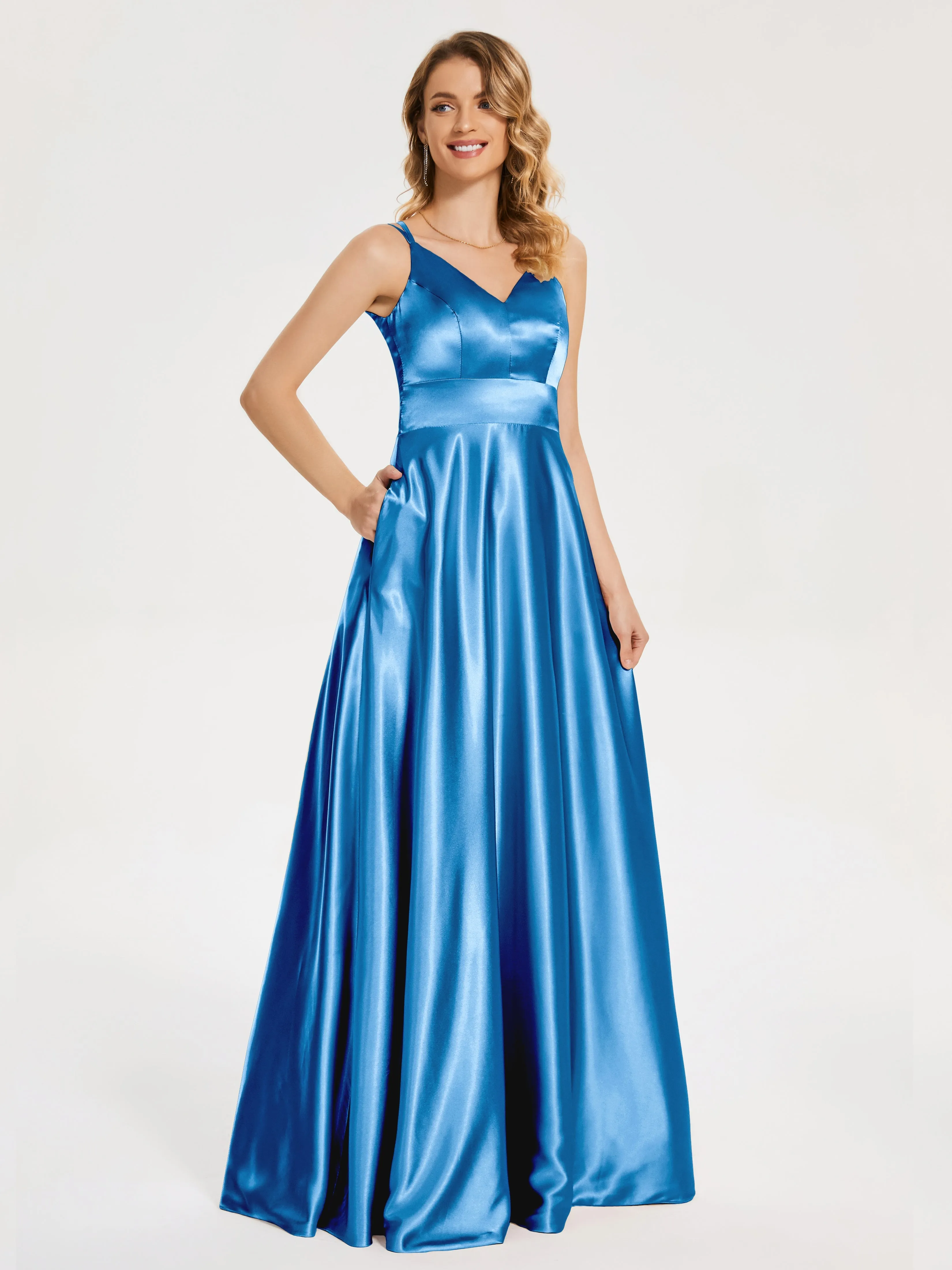 Briella Charming V Neck Soft Satin Dresses