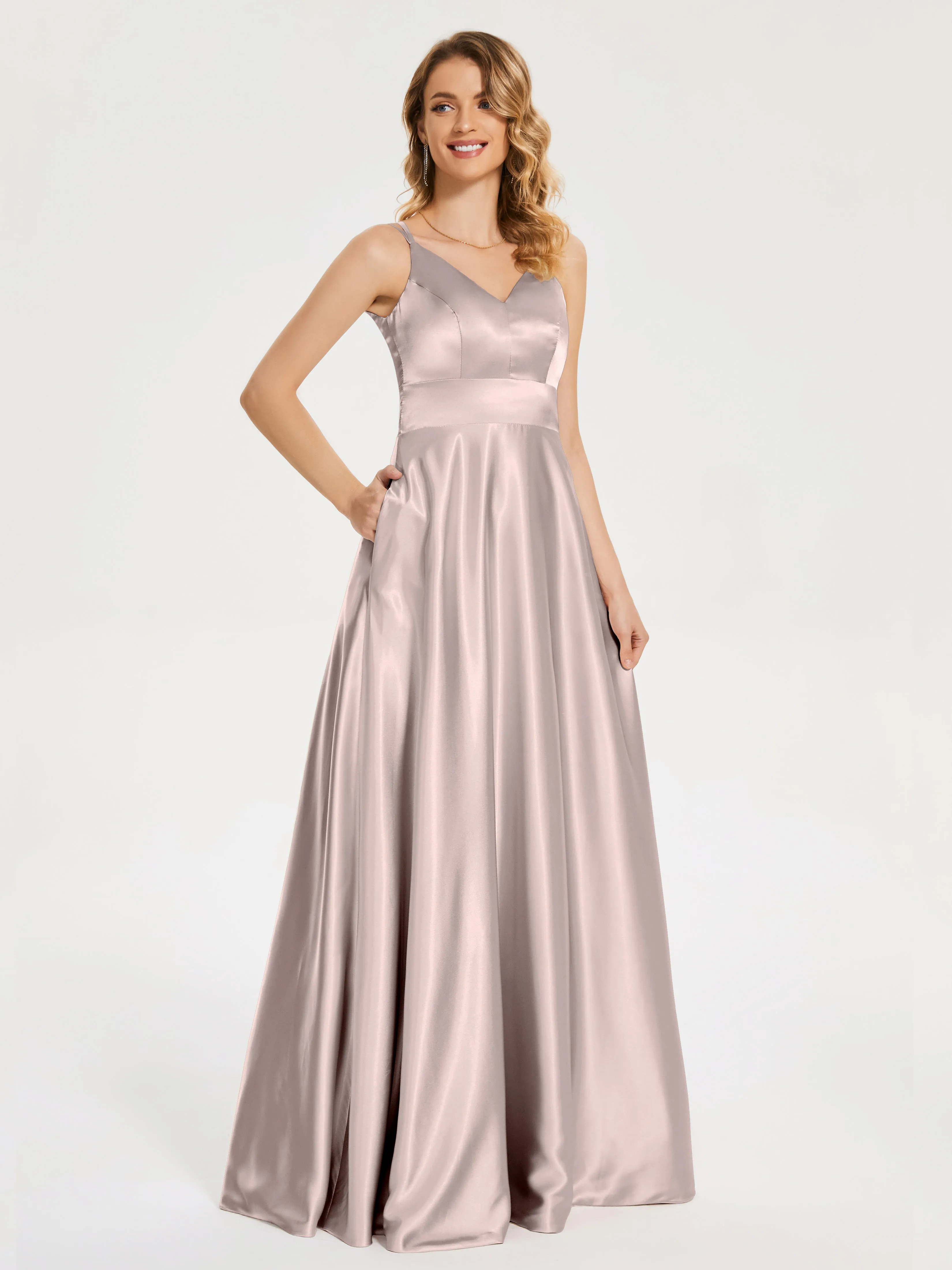 Briella Charming V Neck Soft Satin Dresses