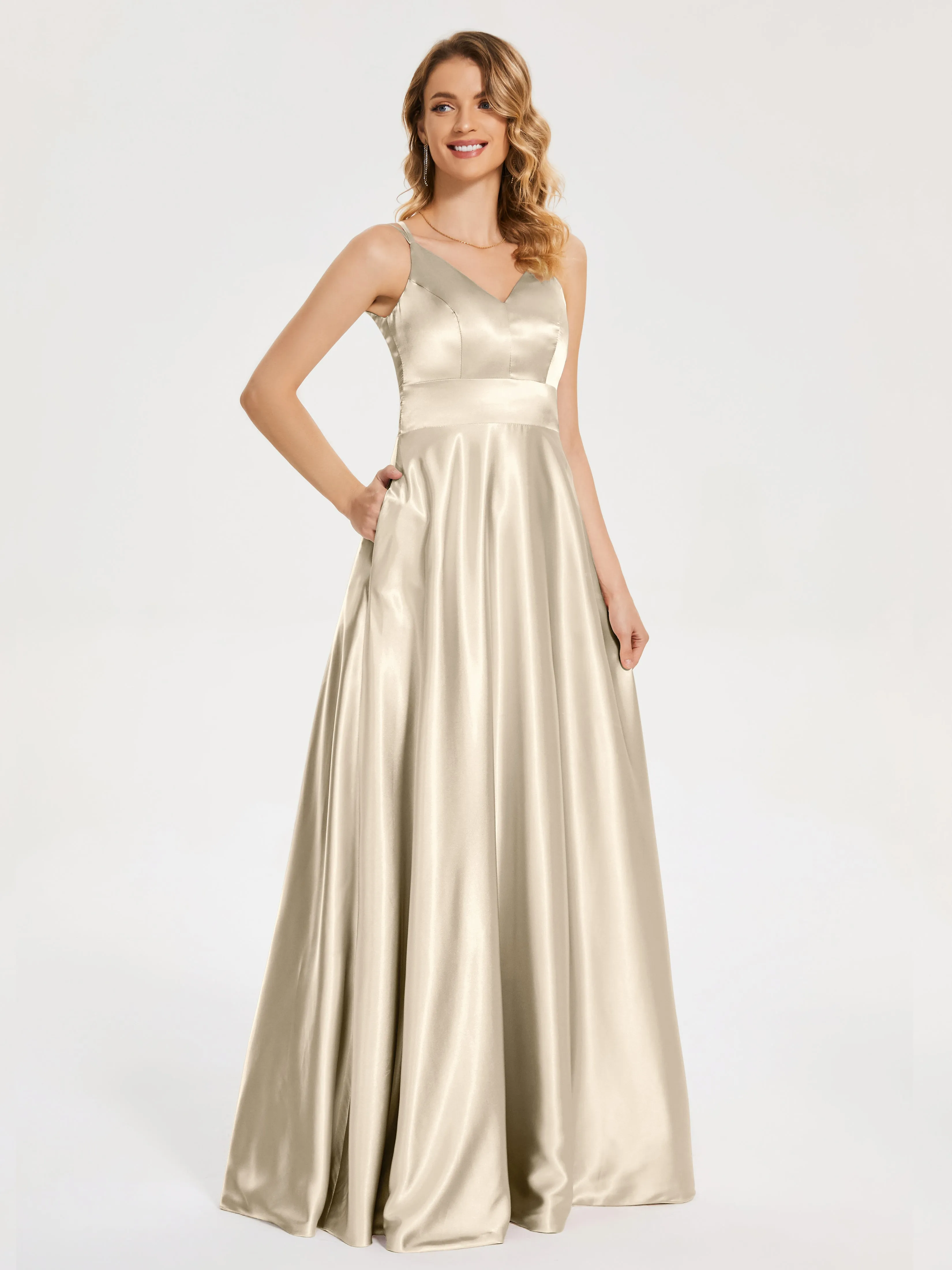 Briella Charming V Neck Soft Satin Dresses