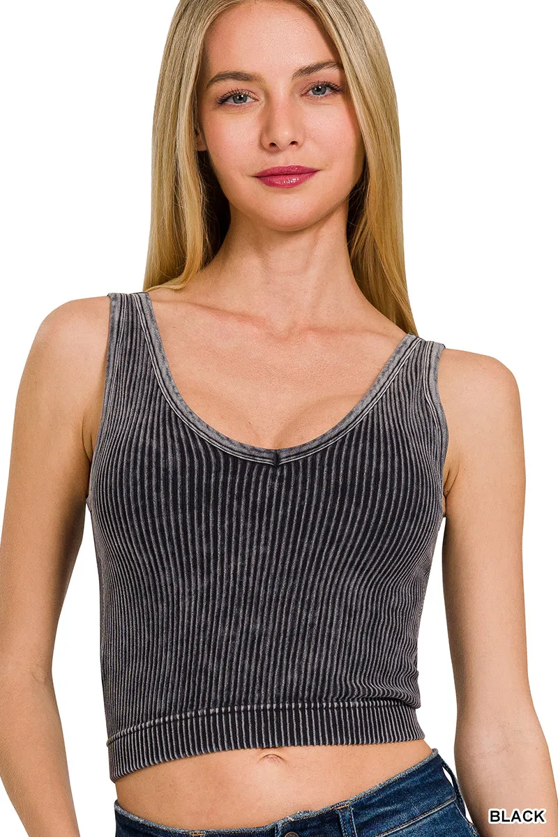 Burke - A Washed Ribbed Cropped Bra Padded V-Neck Tank Top - Choose Color