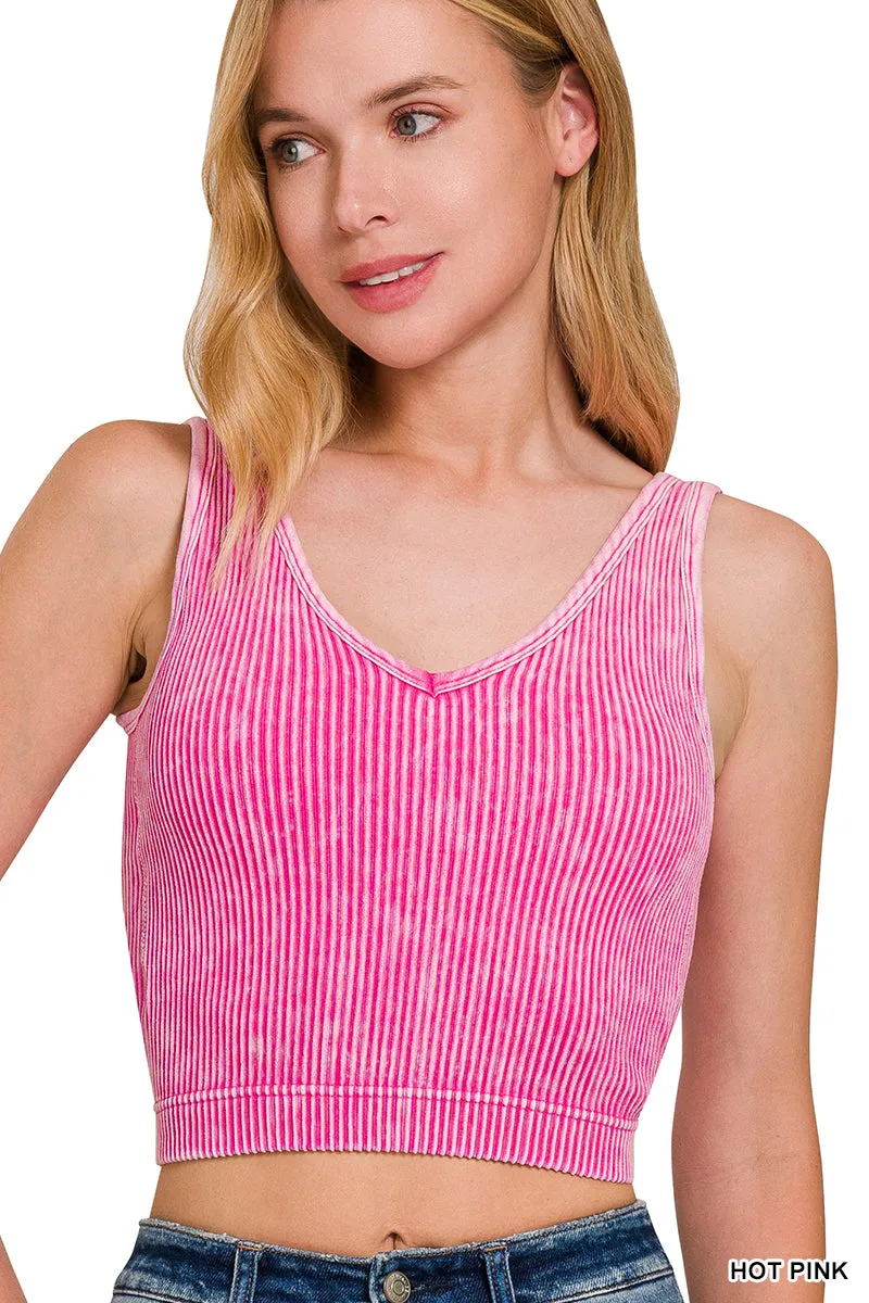 Burke - A Washed Ribbed Cropped Bra Padded V-Neck Tank Top - Choose Color